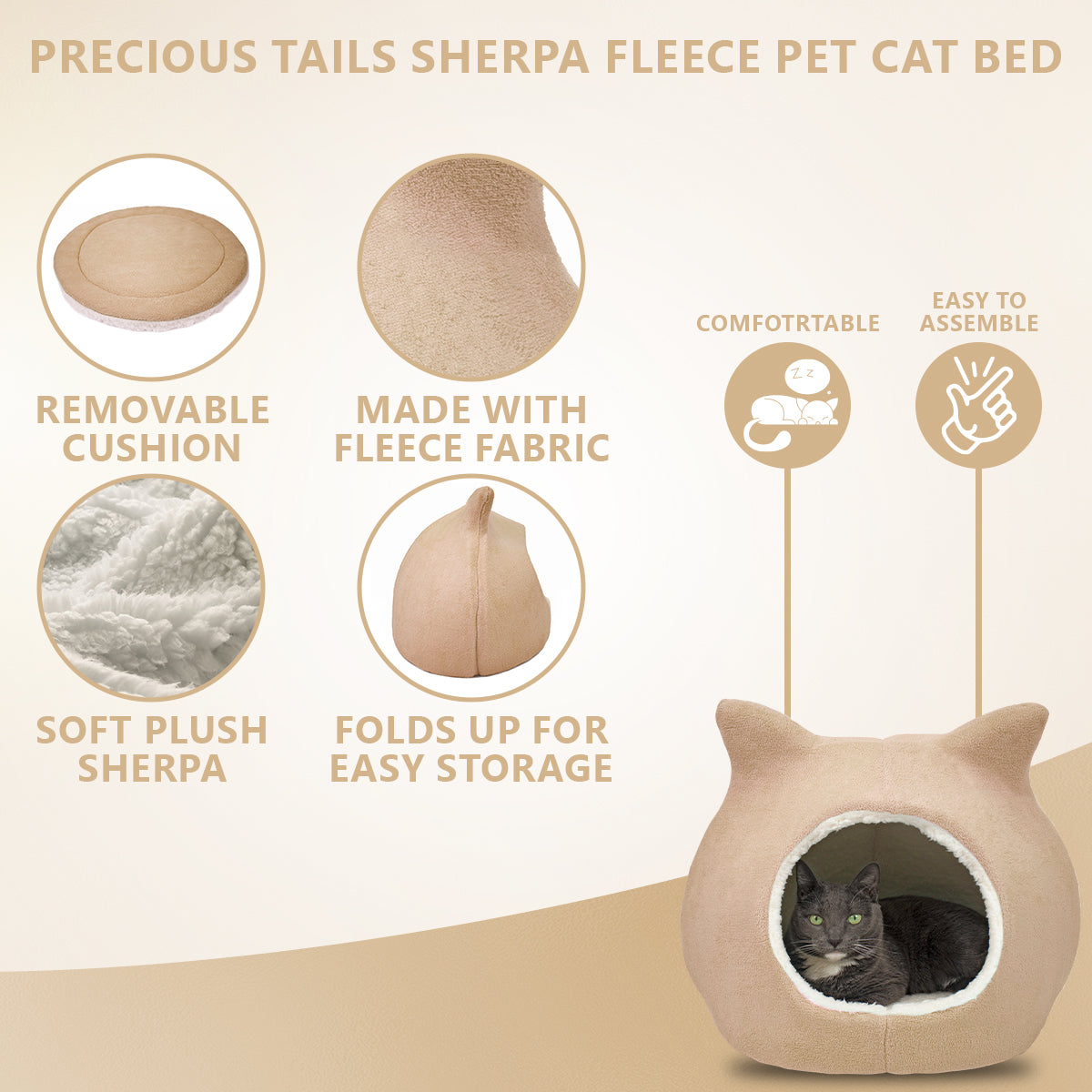 Details Cat Bed, Cave Beds for Cats, Sherpa Fleece Cat House/Tent with Removable Cushion for Pet Kittens