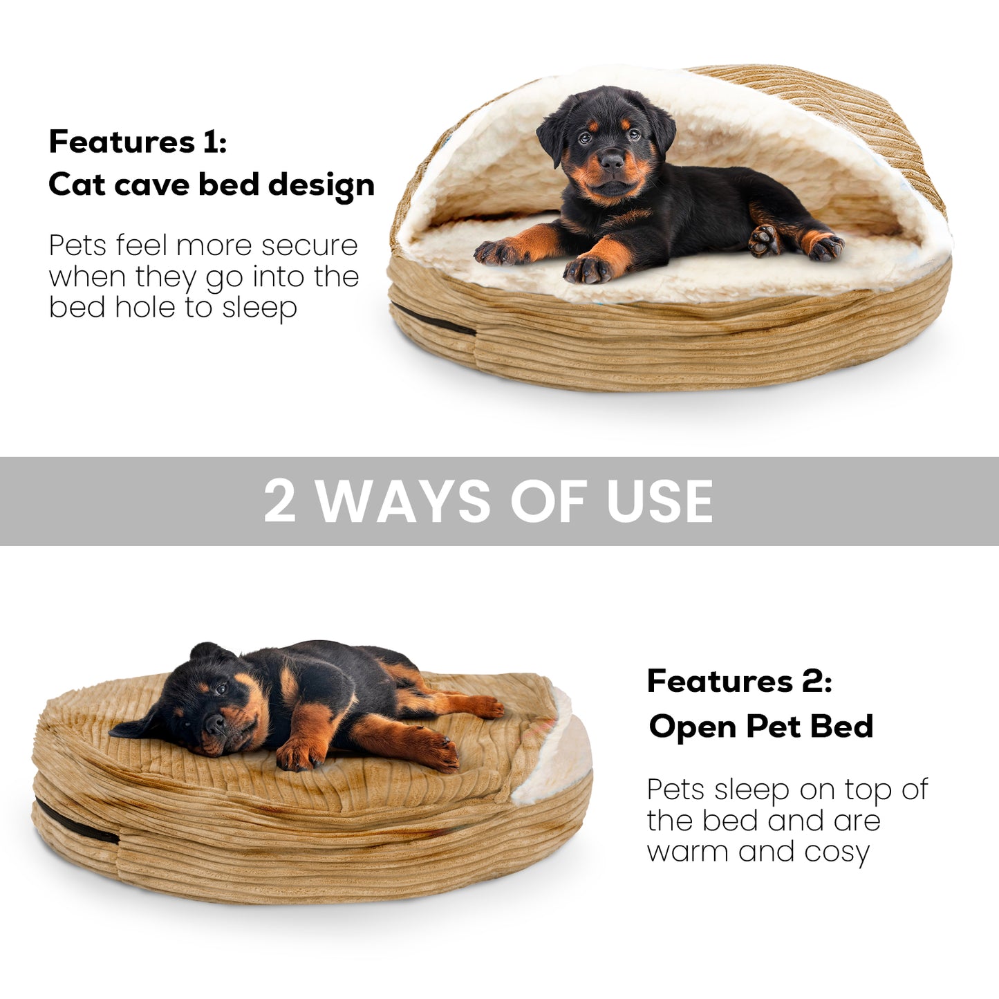 Details Cozy Pet Bed Cave, Hooded Dog Bed Dome for Small Medium Dogs, Washable, Corduroy and Sherpa Lined Pouched Beds