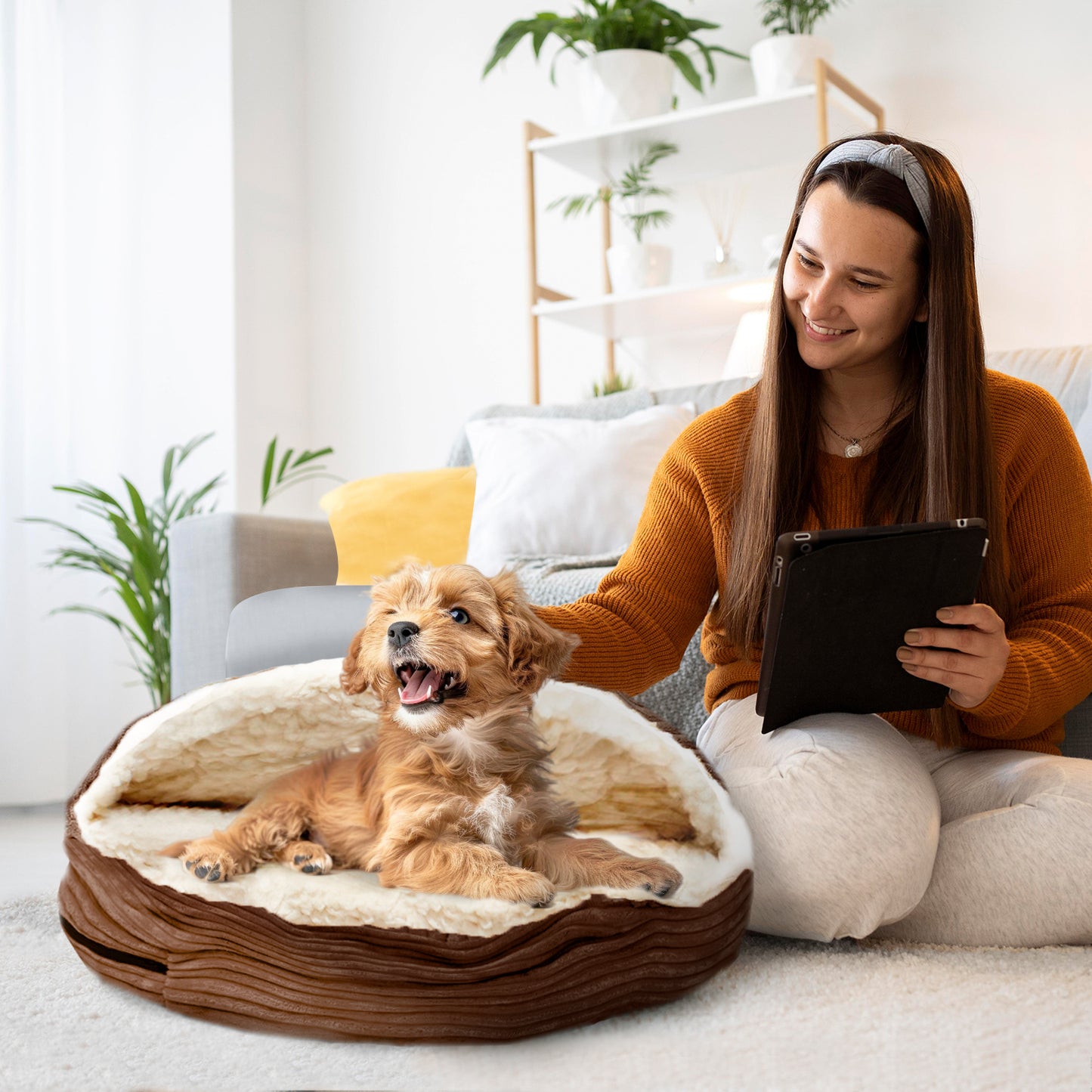 Details Cozy Pet Bed Cave, Hooded Dog Bed Dome for Small Medium Dogs, Washable, Corduroy and Sherpa Lined Pouched Beds