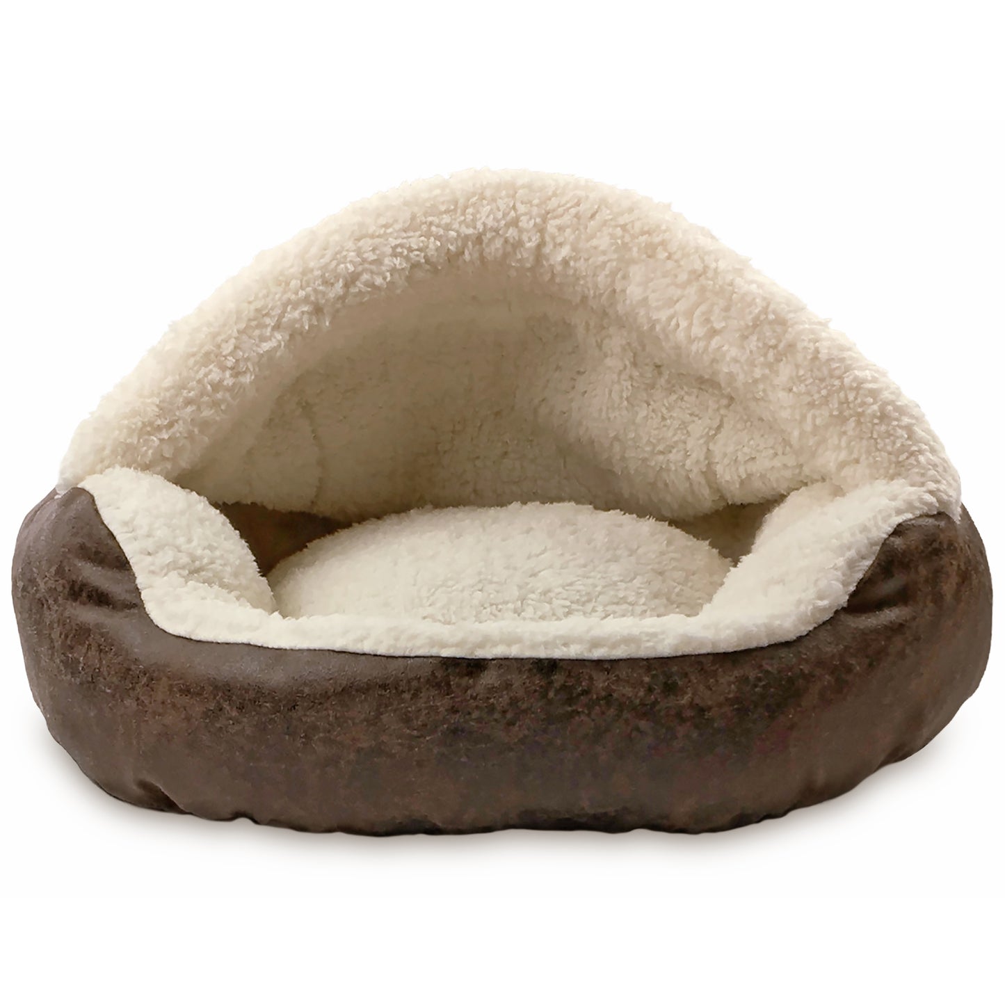 Details Pet Cave Bed for Small Dogs Cats, Calming Hooded Dog Bed Dome, Vegan Leather,  Deep Dish