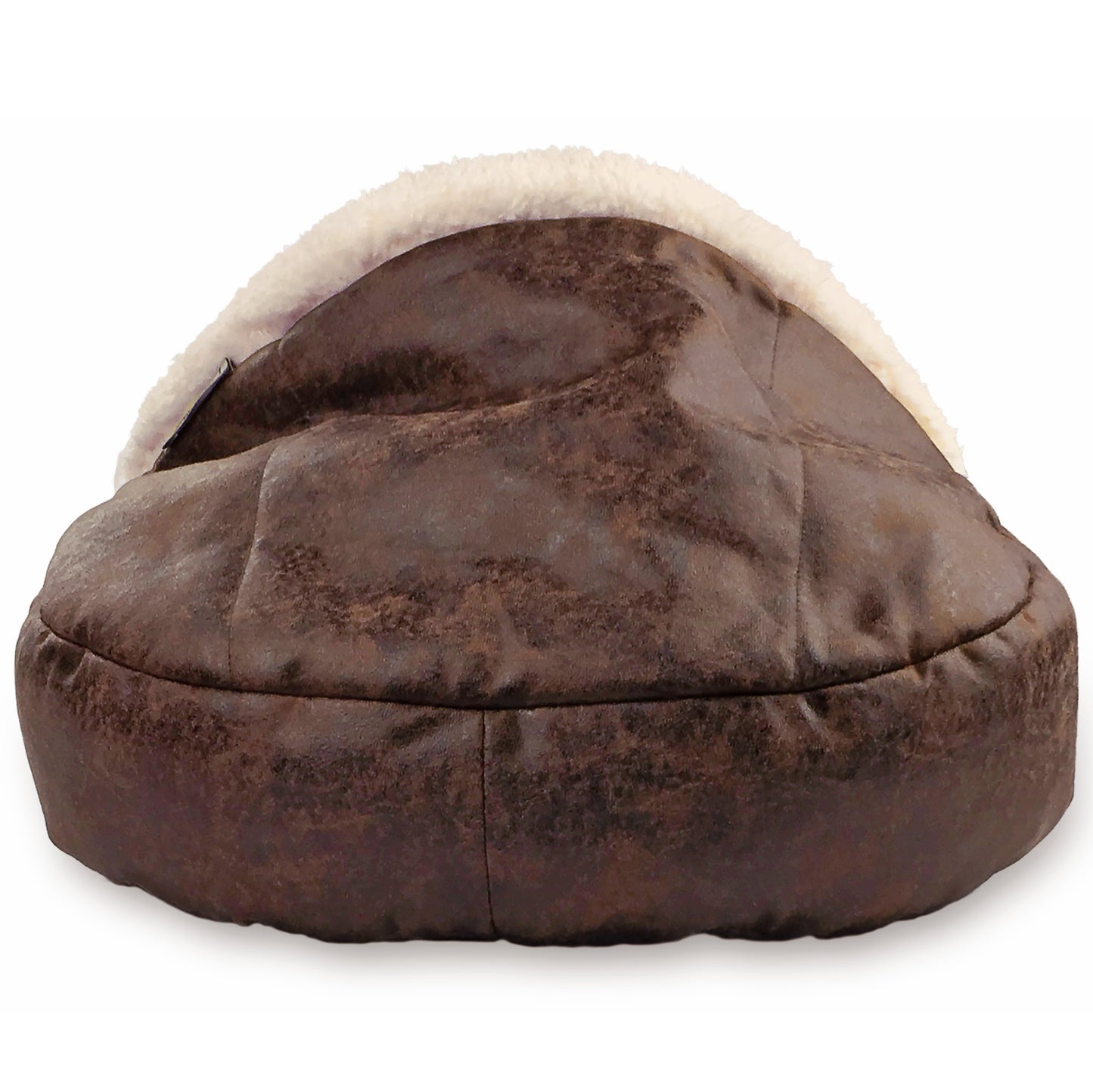 Details Pet Cave Bed for Small Dogs Cats, Calming Hooded Dog Bed Dome, Vegan Leather,  Deep Dish