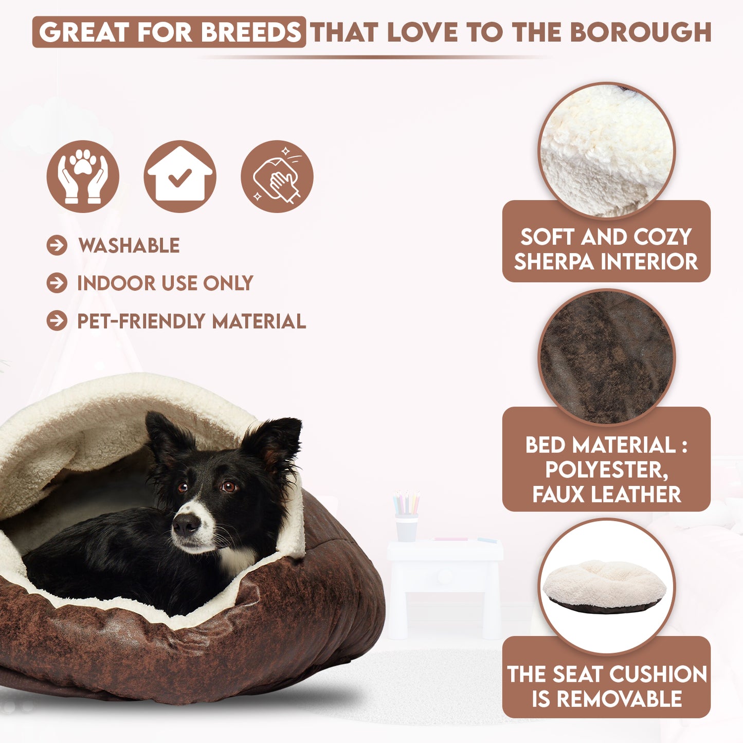 Details Pet Cave Bed for Small Dogs Cats, Calming Hooded Dog Bed Dome, Vegan Leather,  Deep Dish