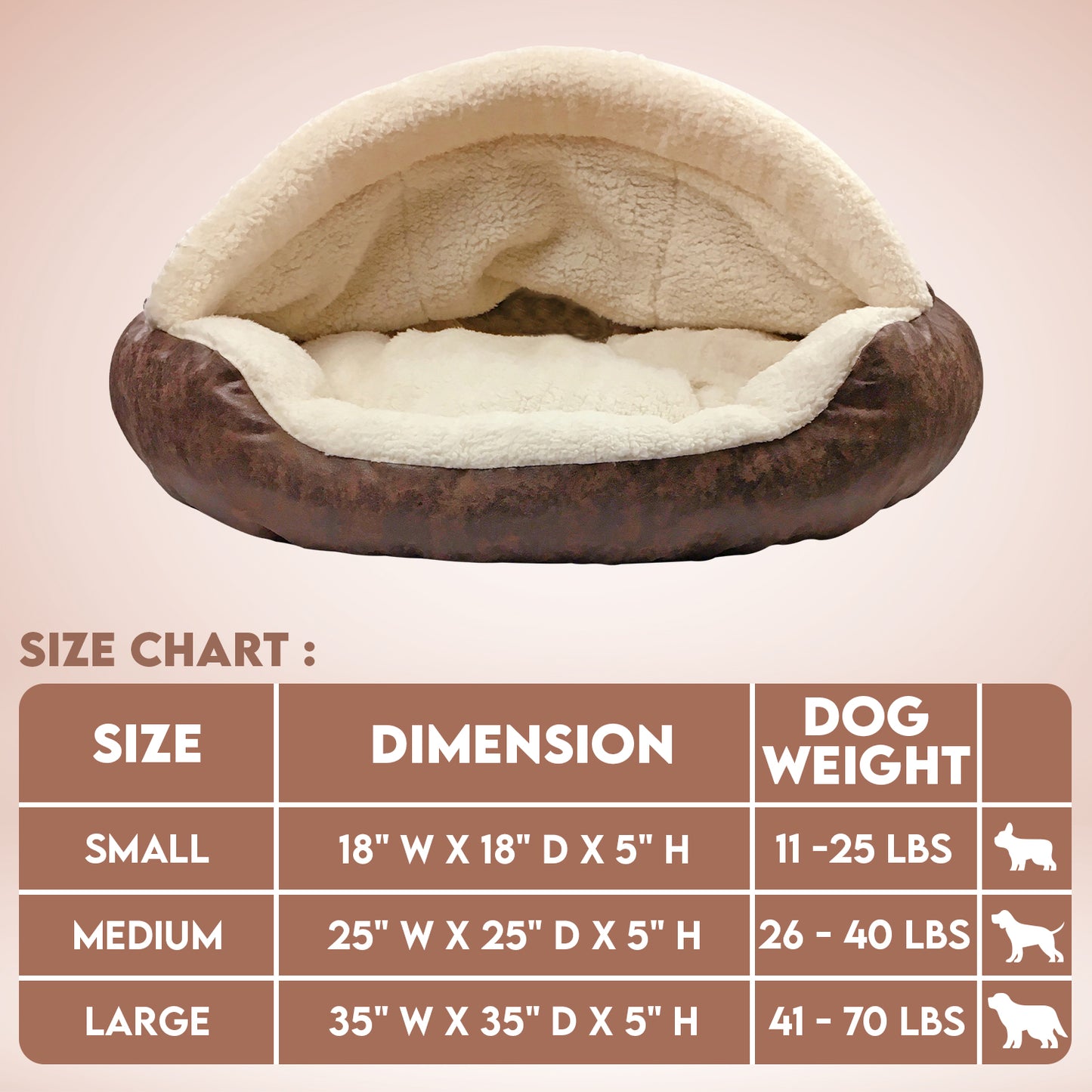 Details Pet Cave Bed for Small Dogs Cats, Calming Hooded Dog Bed Dome, Vegan Leather,  Deep Dish