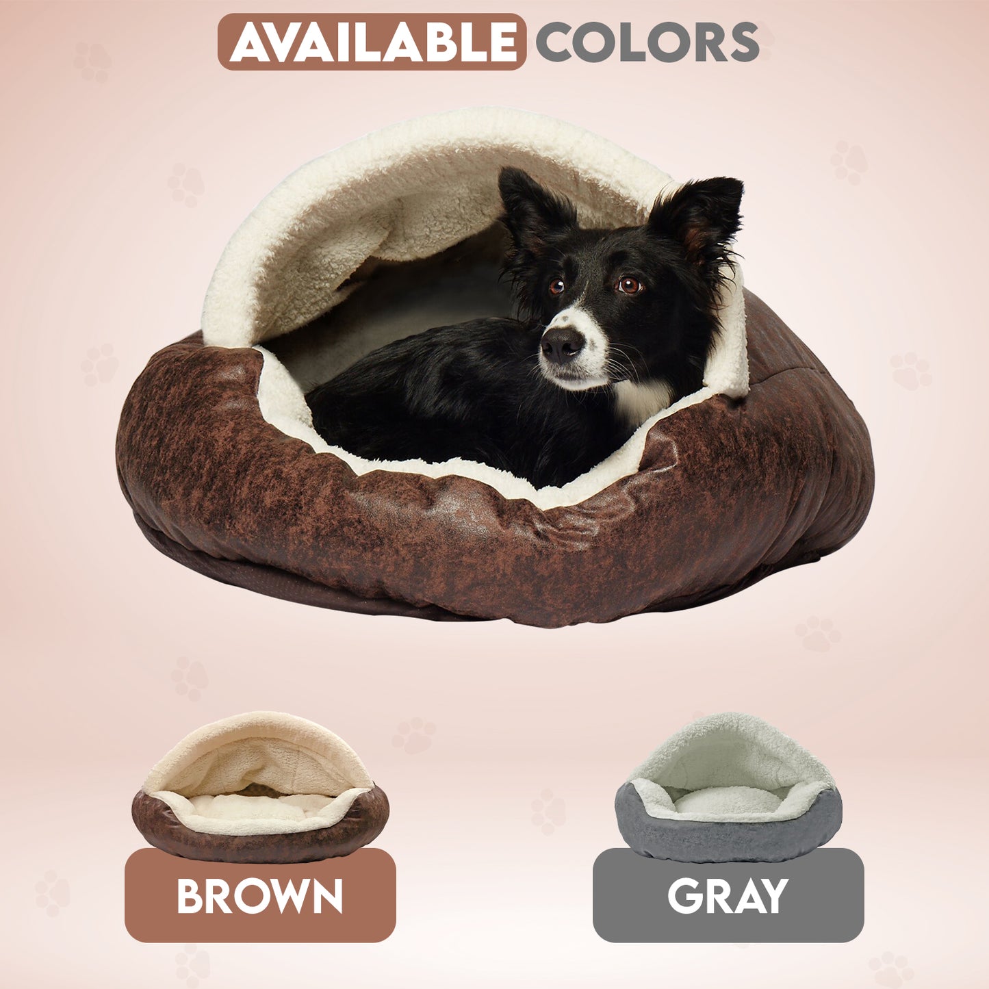 Details Pet Cave Bed for Small Dogs Cats, Calming Hooded Dog Bed Dome, Vegan Leather,  Deep Dish