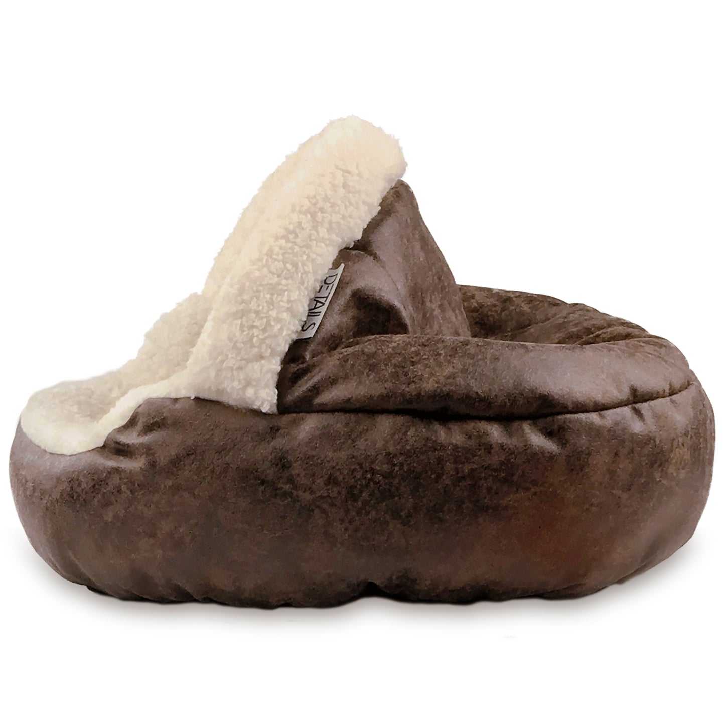 Details Pet Cave Bed for Small Dogs Cats, Calming Hooded Dog Bed Dome, Vegan Leather,  Deep Dish