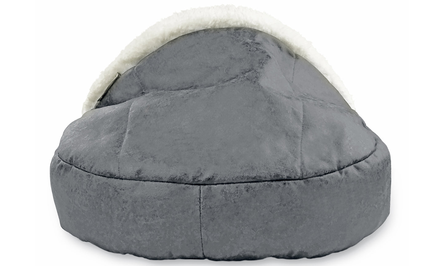 Details Pet Cave Bed for Small Dogs Cats, Calming Hooded Dog Bed Dome, Vegan Leather,  Deep Dish