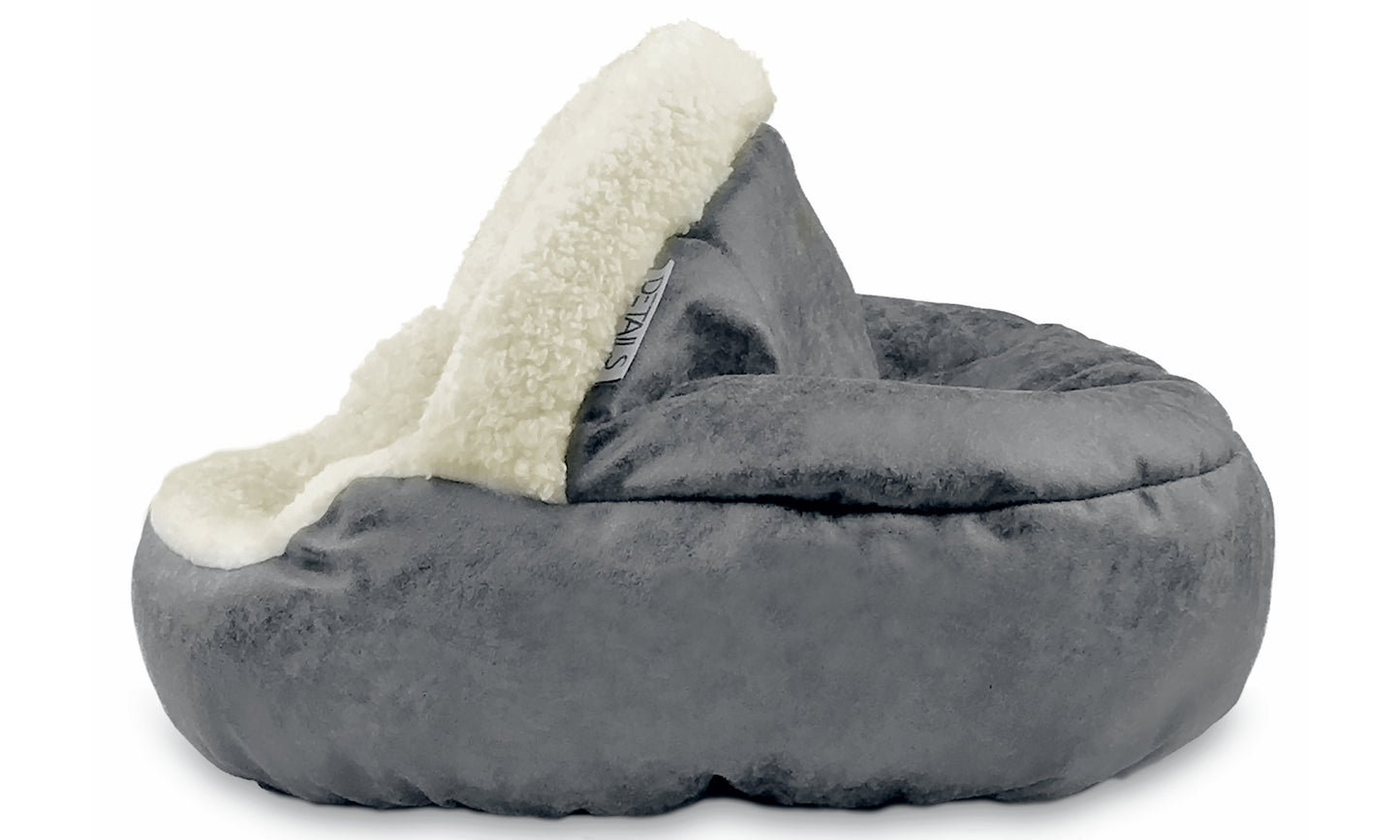 Details Pet Cave Bed for Small Dogs Cats, Calming Hooded Dog Bed Dome, Vegan Leather,  Deep Dish