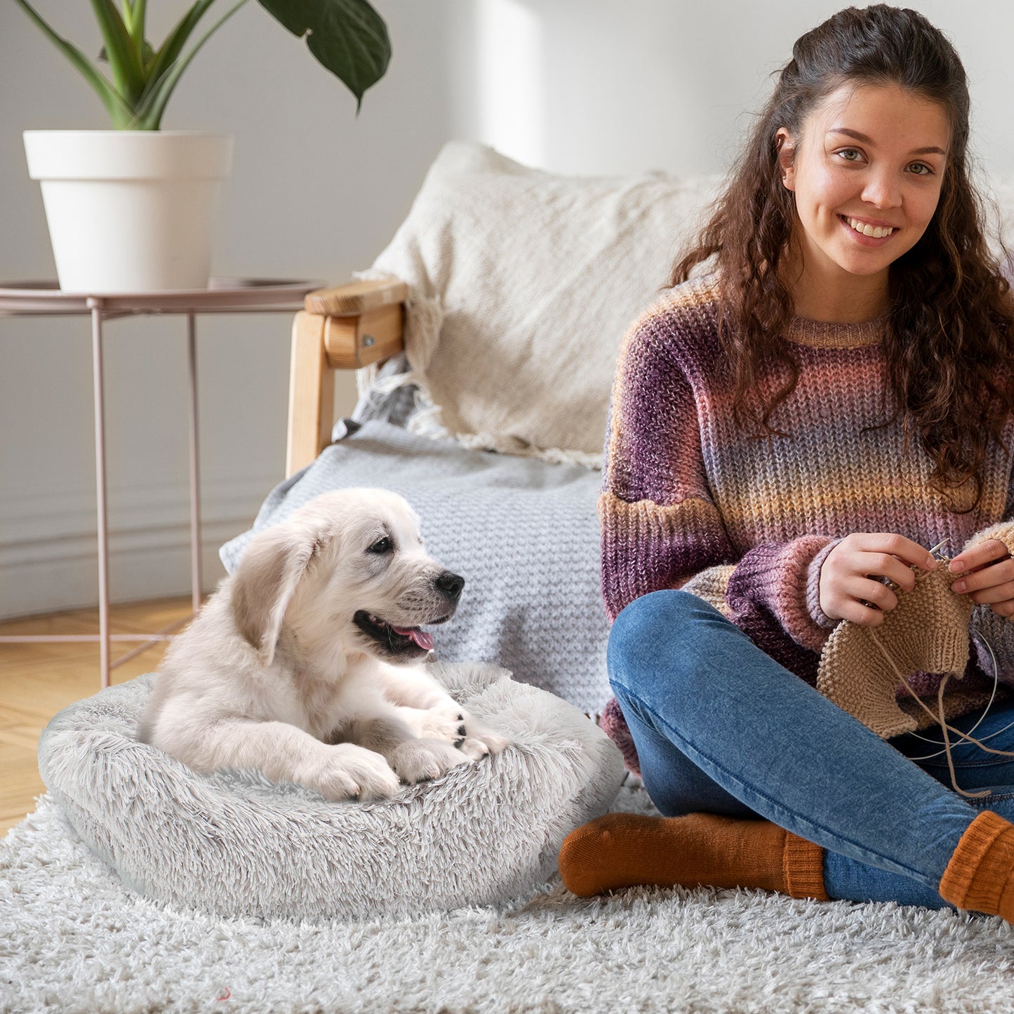 Details Dog Bed for Small Medium Dogs, Plush Calming Sleeping Cuddler for Pet, Super Lux Shaggy Fur Cushion Beds