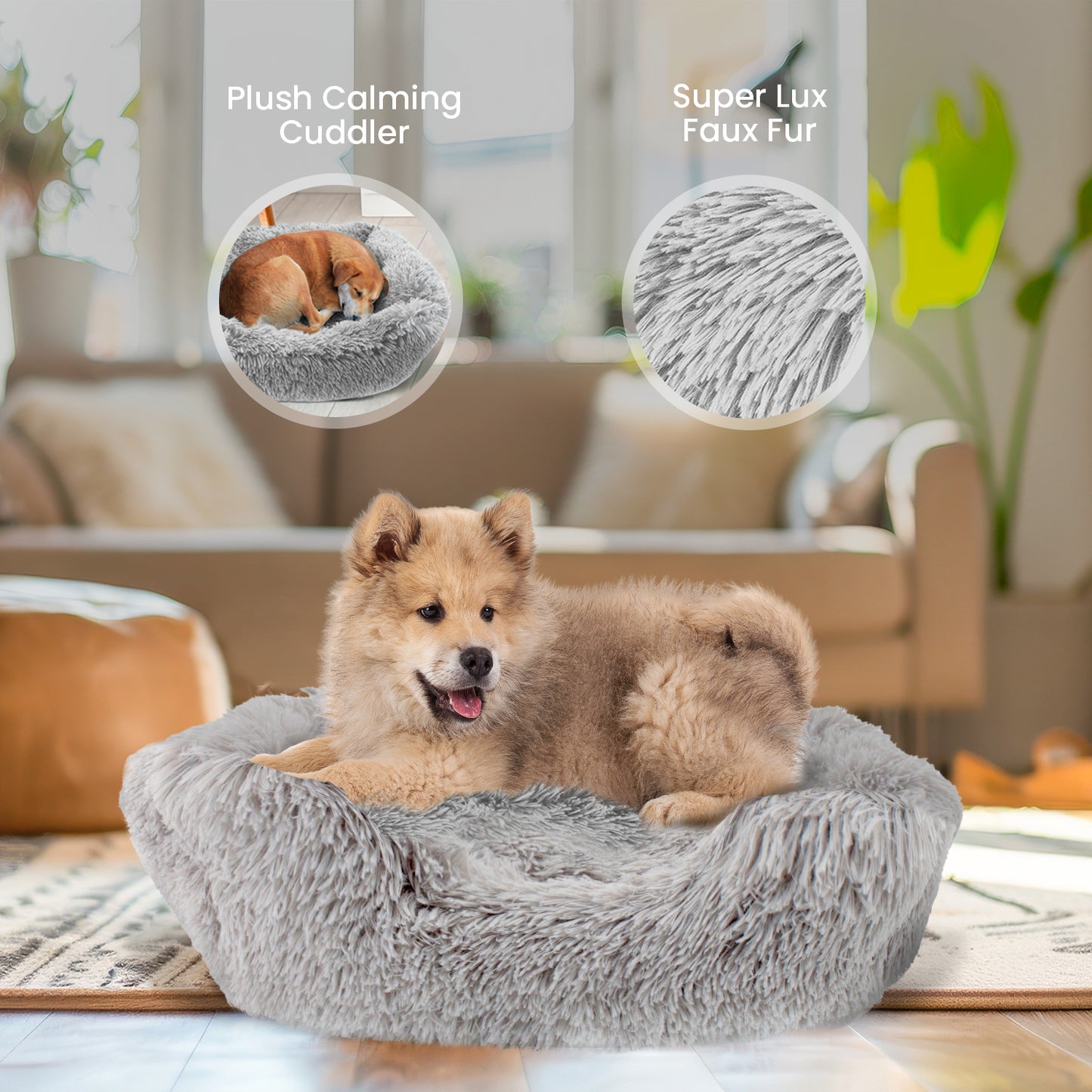 Details Dog Bed for Small Medium Dogs, Plush Calming Sleeping Cuddler for Pet, Super Lux Shaggy Fur Cushion Beds