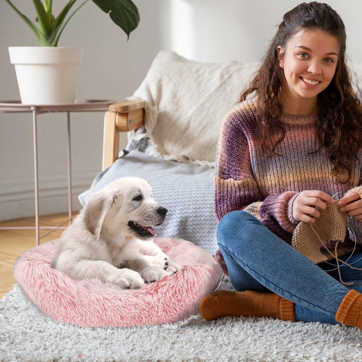 Details Dog Bed for Small Medium Dogs, Plush Calming Sleeping Cuddler for Pet, Super Lux Shaggy Fur Cushion Beds