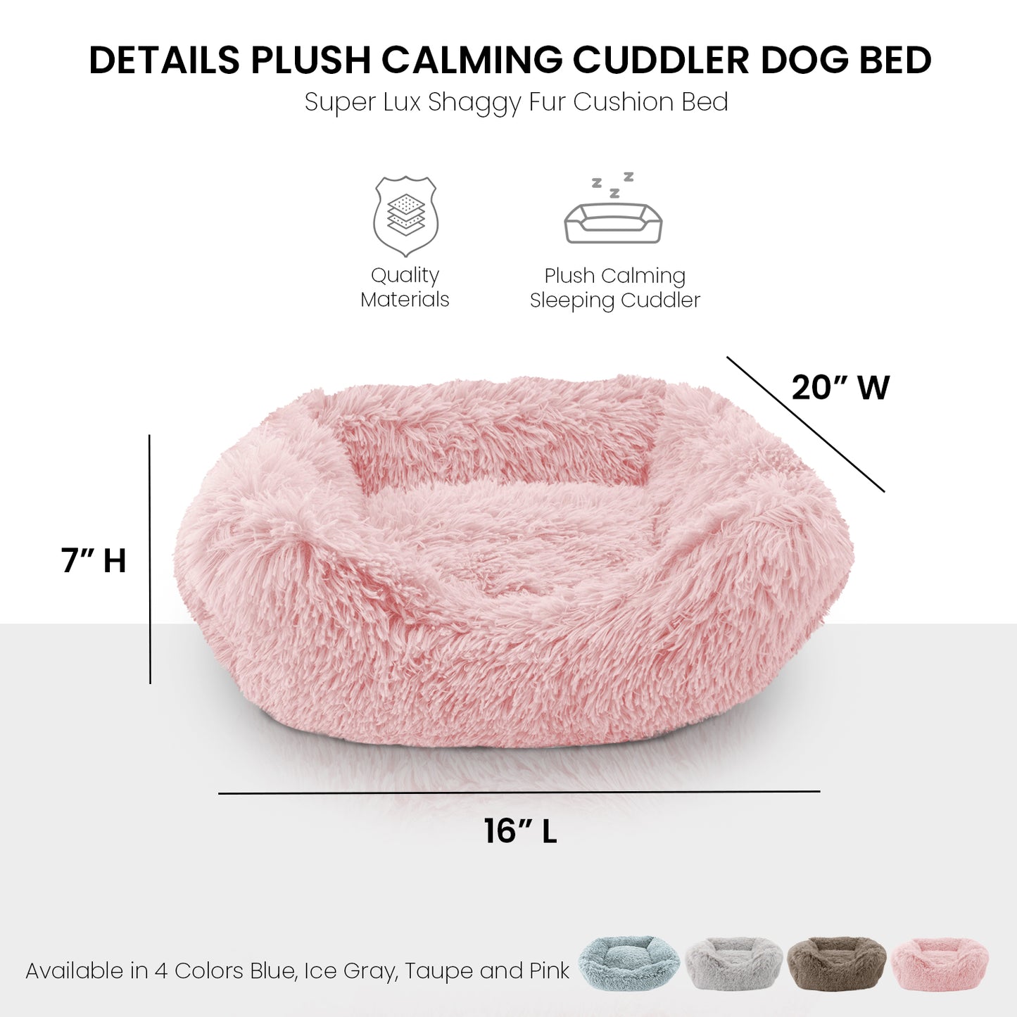 Details Dog Bed for Small Medium Dogs, Plush Calming Sleeping Cuddler for Pet, Super Lux Shaggy Fur Cushion Beds