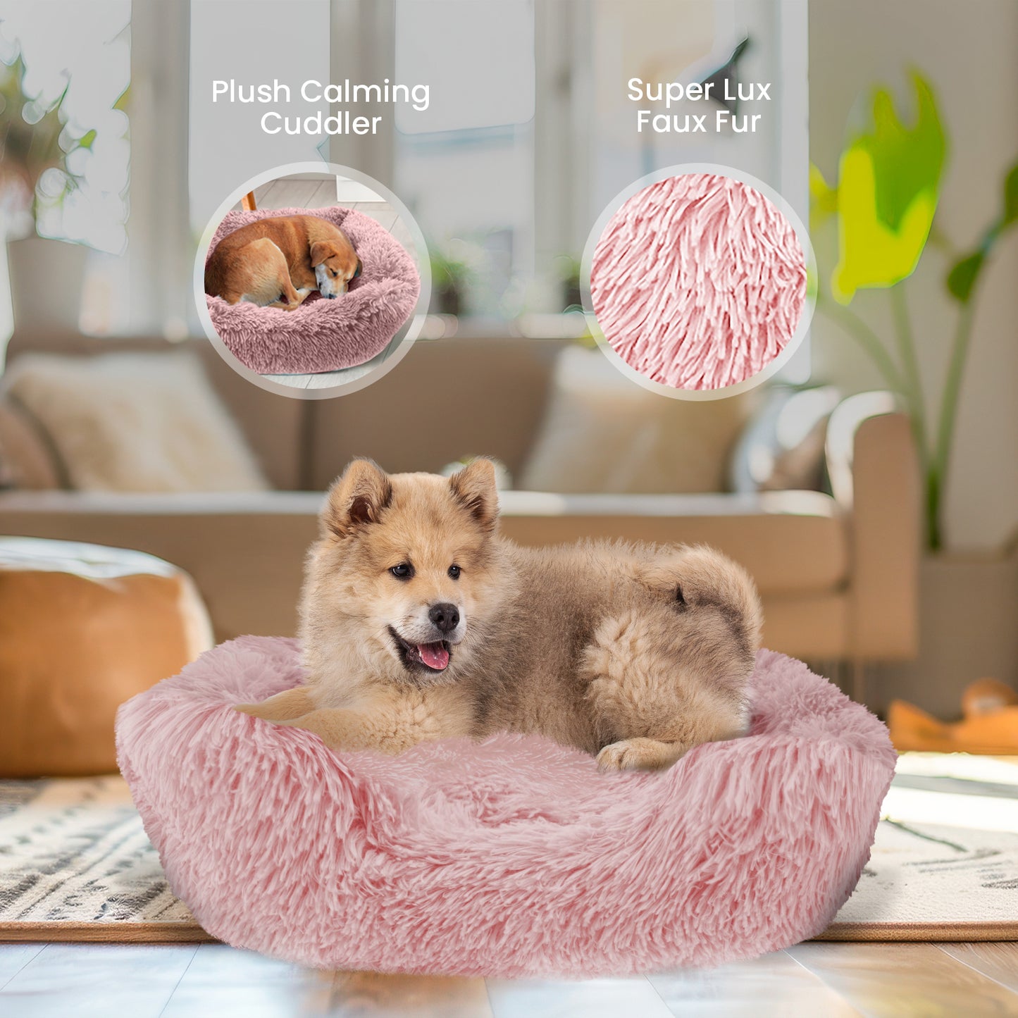 Details Dog Bed for Small Medium Dogs, Plush Calming Sleeping Cuddler for Pet, Super Lux Shaggy Fur Cushion Beds