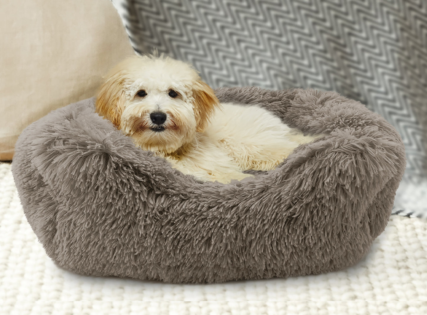 Details Dog Bed for Small Medium Dogs, Plush Calming Sleeping Cuddler for Pet, Super Lux Shaggy Fur Cushion Beds