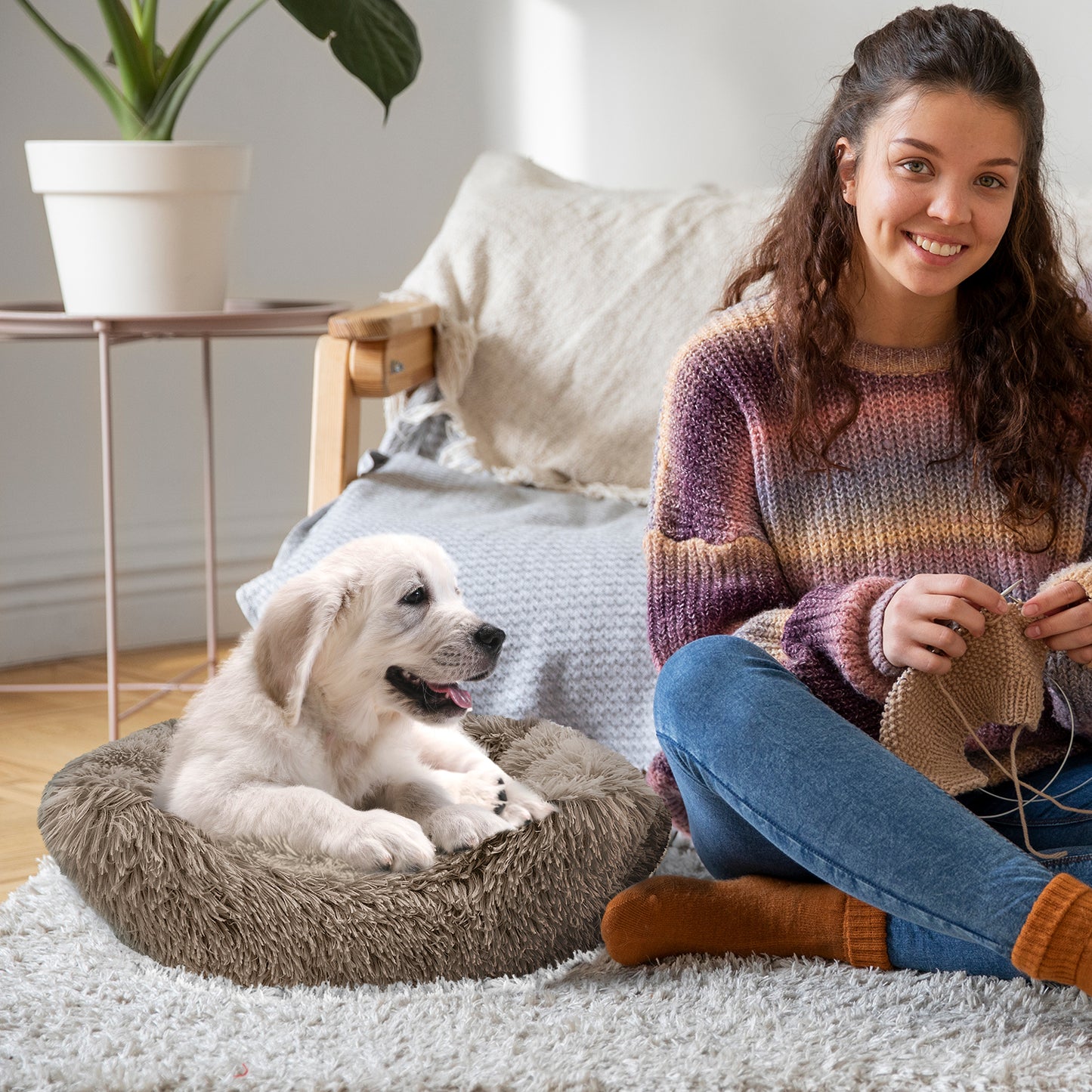 Details Dog Bed for Small Medium Dogs, Plush Calming Sleeping Cuddler for Pet, Super Lux Shaggy Fur Cushion Beds