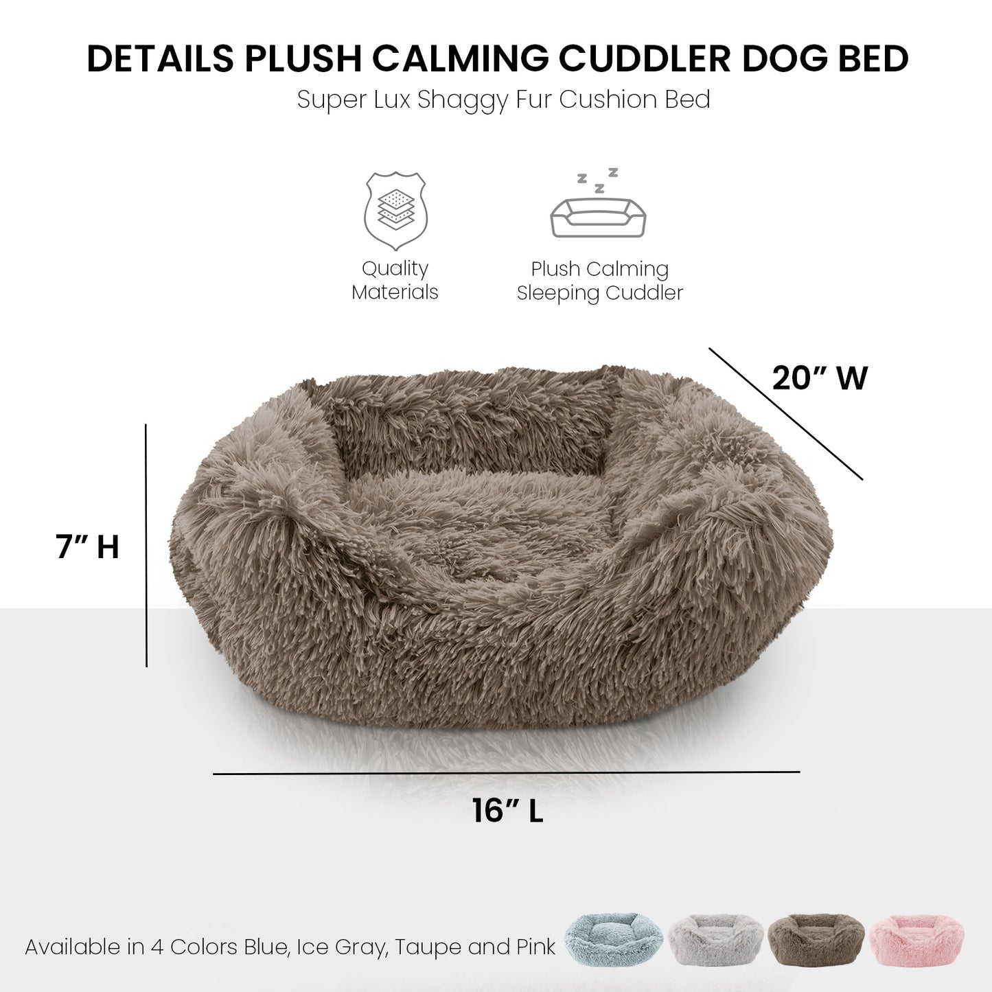 Details Dog Bed for Small Medium Dogs, Plush Calming Sleeping Cuddler for Pet, Super Lux Shaggy Fur Cushion Beds