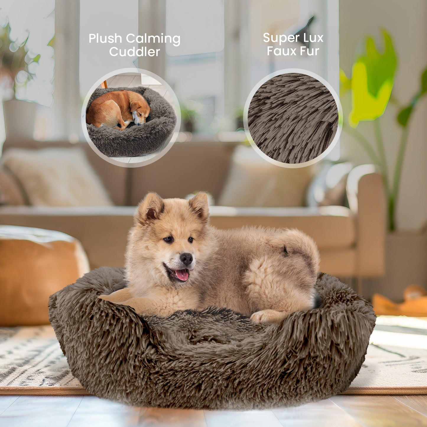 Details Dog Bed for Small Medium Dogs, Plush Calming Sleeping Cuddler for Pet, Super Lux Shaggy Fur Cushion Beds