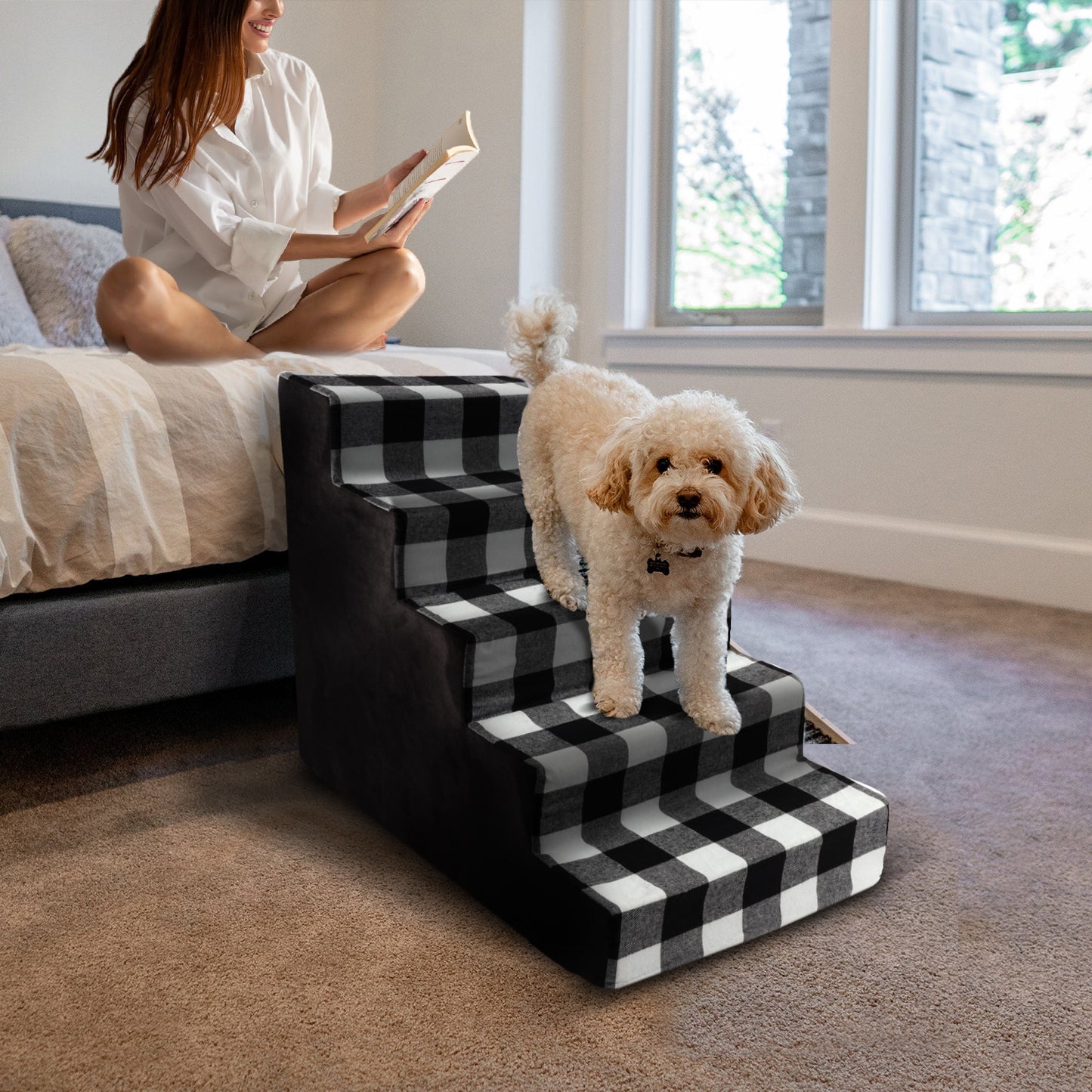 Home Base Dog Steps 5-Step Design, Pet Stairs for Small Dogs and Cats, Ramp for High Beds and Couch, Plaid, Soft, High Density Foam