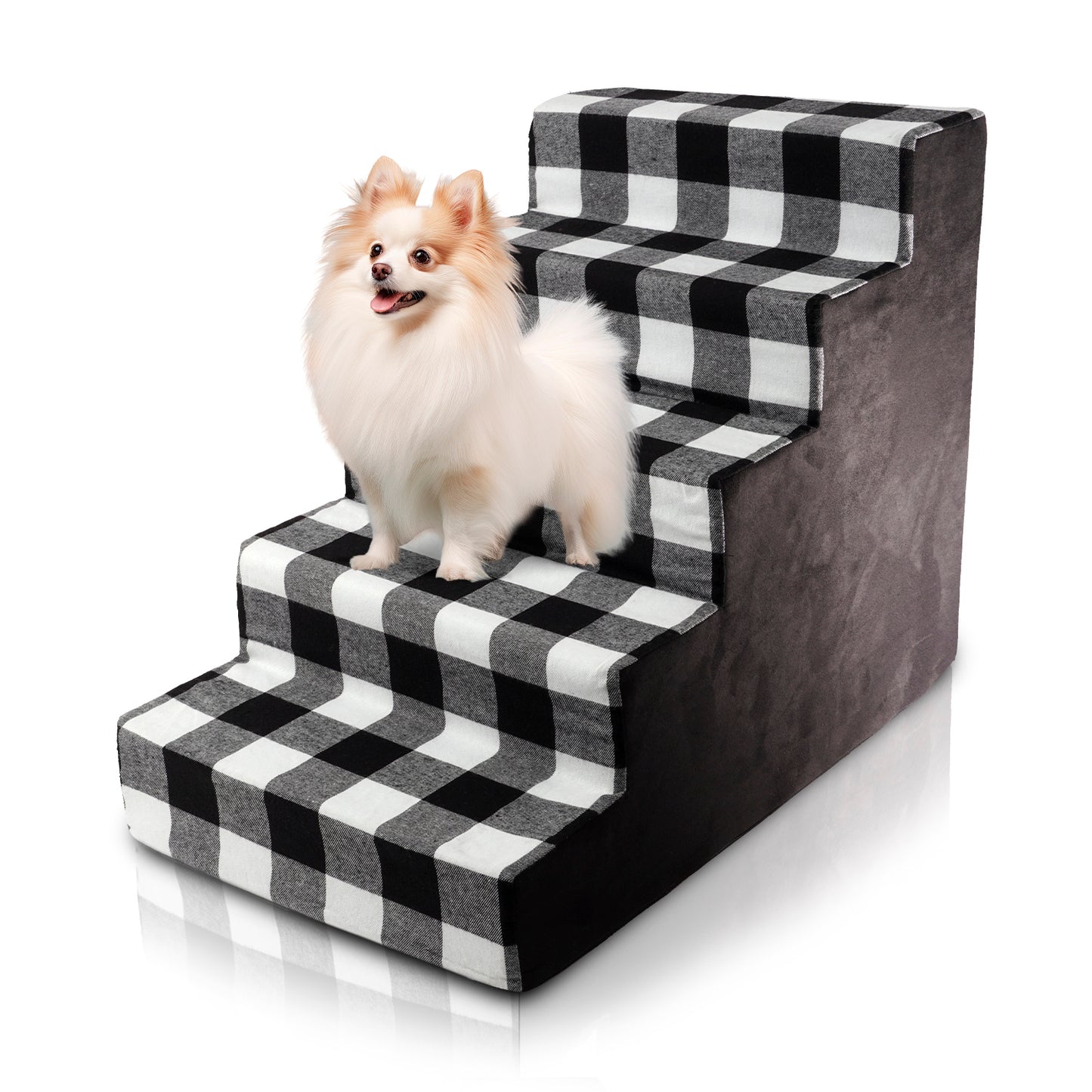 Home Base Dog Steps 5-Step Design, Pet Stairs for Small Dogs and Cats, Ramp for High Beds and Couch, Plaid, Soft, High Density Foam