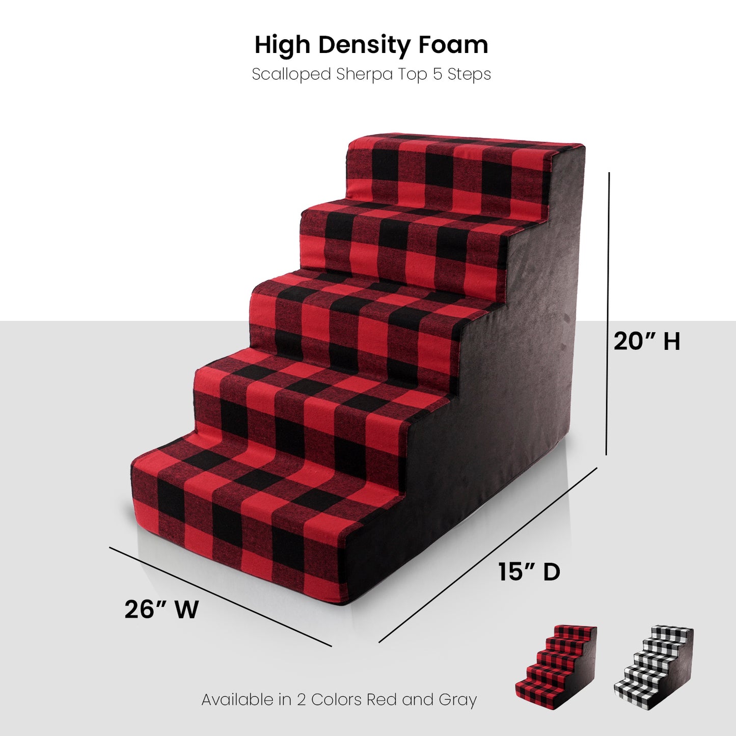 Home Base Dog Steps 5-Step Design, Pet Stairs for Small Dogs and Cats, Ramp for High Beds and Couch, Plaid, Soft, High Density Foam