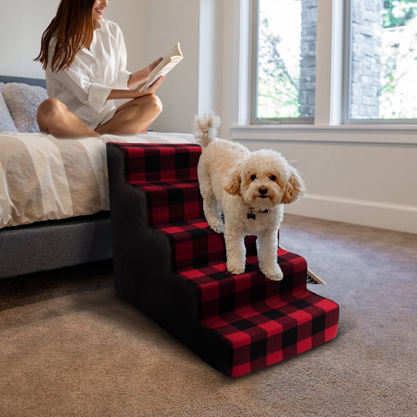 Home Base Dog Steps 5-Step Design, Pet Stairs for Small Dogs and Cats, Ramp for High Beds and Couch, Plaid, Soft, High Density Foam