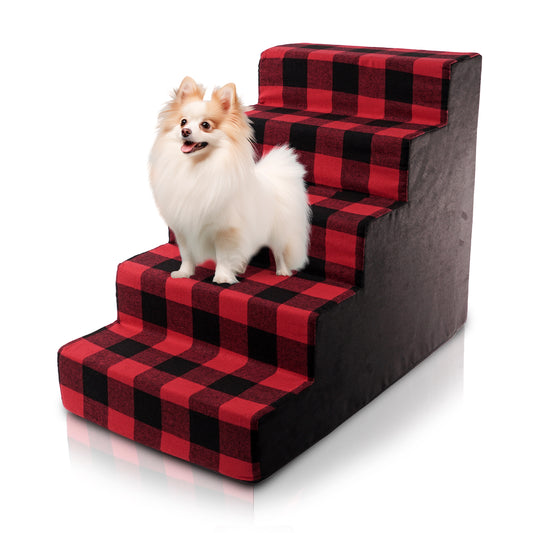 Home Base Dog Steps 5-Step Design, Pet Stairs for Small Dogs and Cats, Ramp for High Beds and Couch, Plaid, Soft, High Density Foam