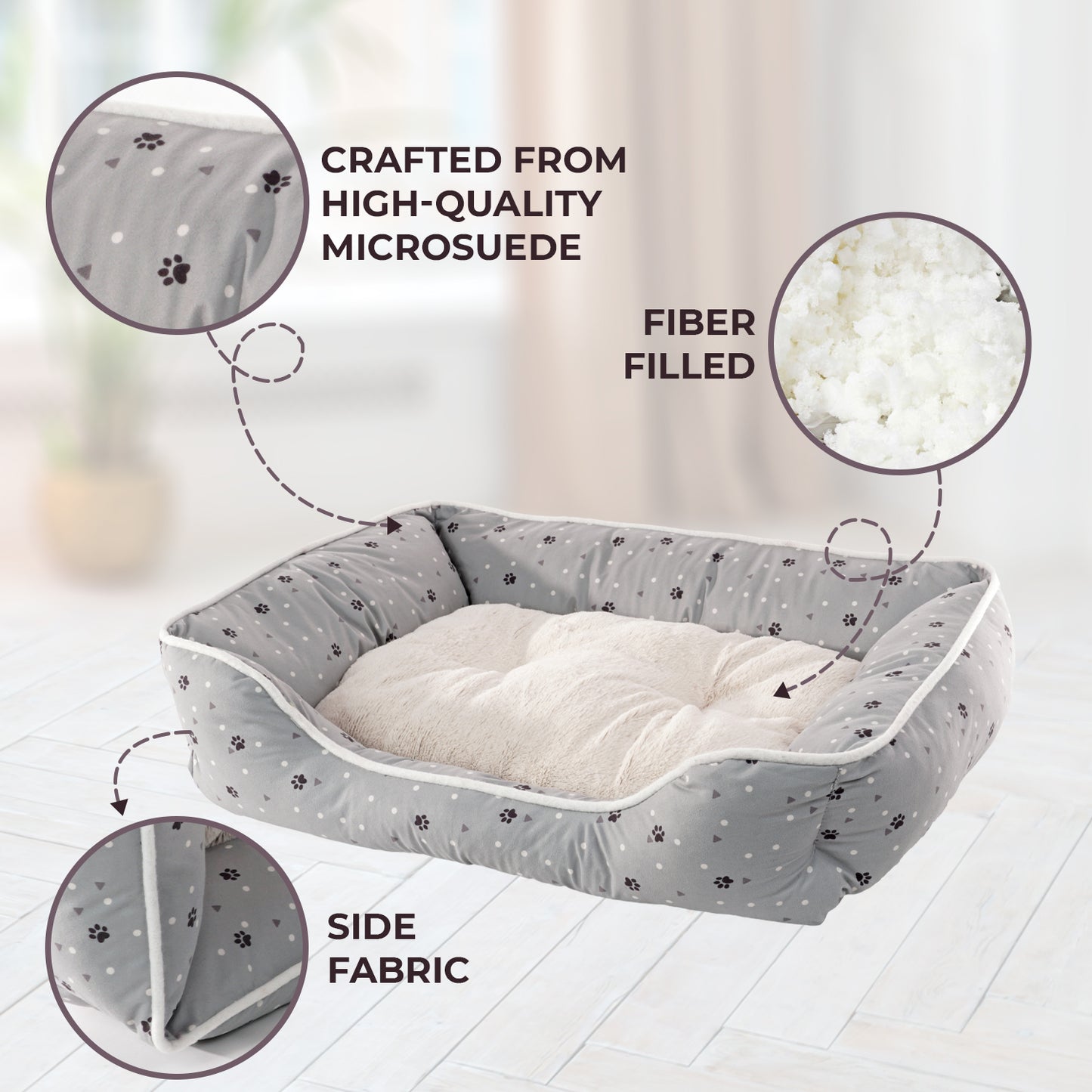 Details Microsuede Pet Bed, Dog Beds for Small Dogs and Cats, Calming Cuddler Bed for Pets with Sides and Plush Center