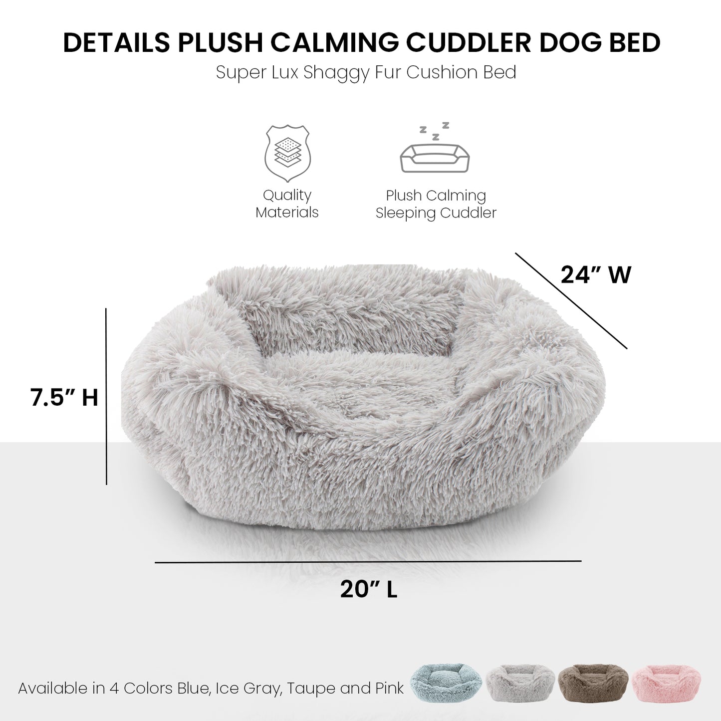 Details Dog Bed for Small Medium Dogs, Plush Calming Sleeping Cuddler for Pet, Super Lux Shaggy Fur Cushion Beds