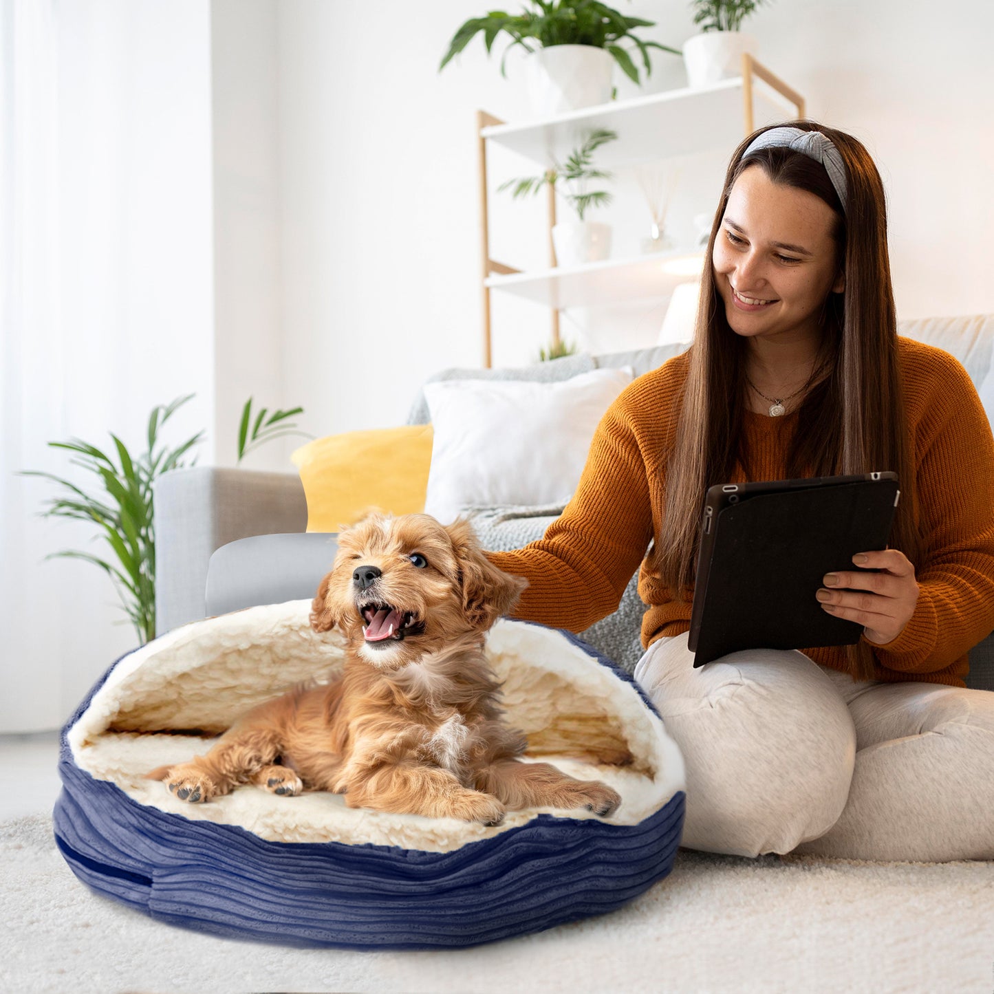 Details Cozy Pet Bed Cave, Hooded Dog Bed Dome for Small Medium Dogs, Washable, Corduroy and Sherpa Lined Pouched Beds