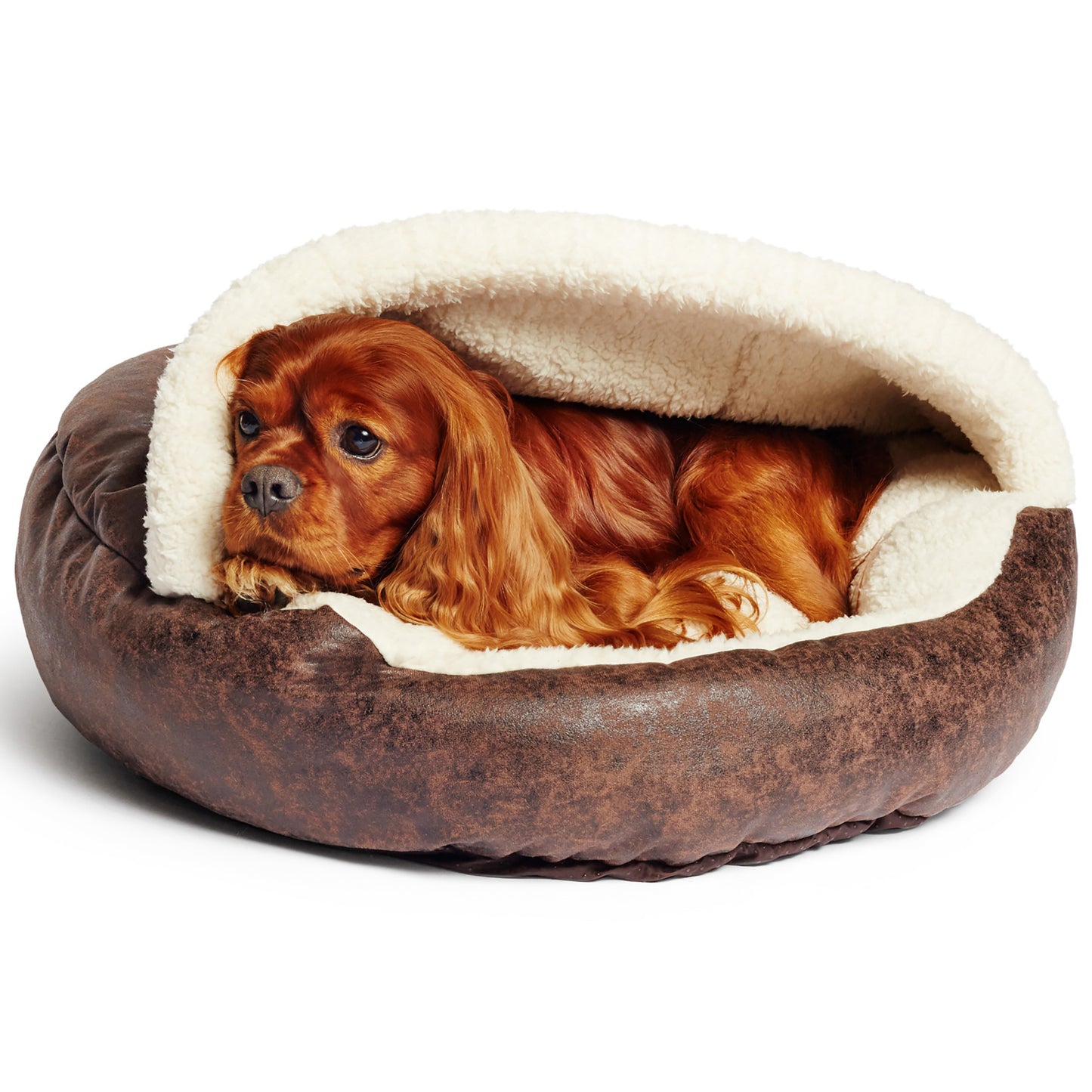 Details Pet Cave Bed for Small Dogs Cats, Calming Hooded Dog Bed Dome, Vegan Leather,  Deep Dish