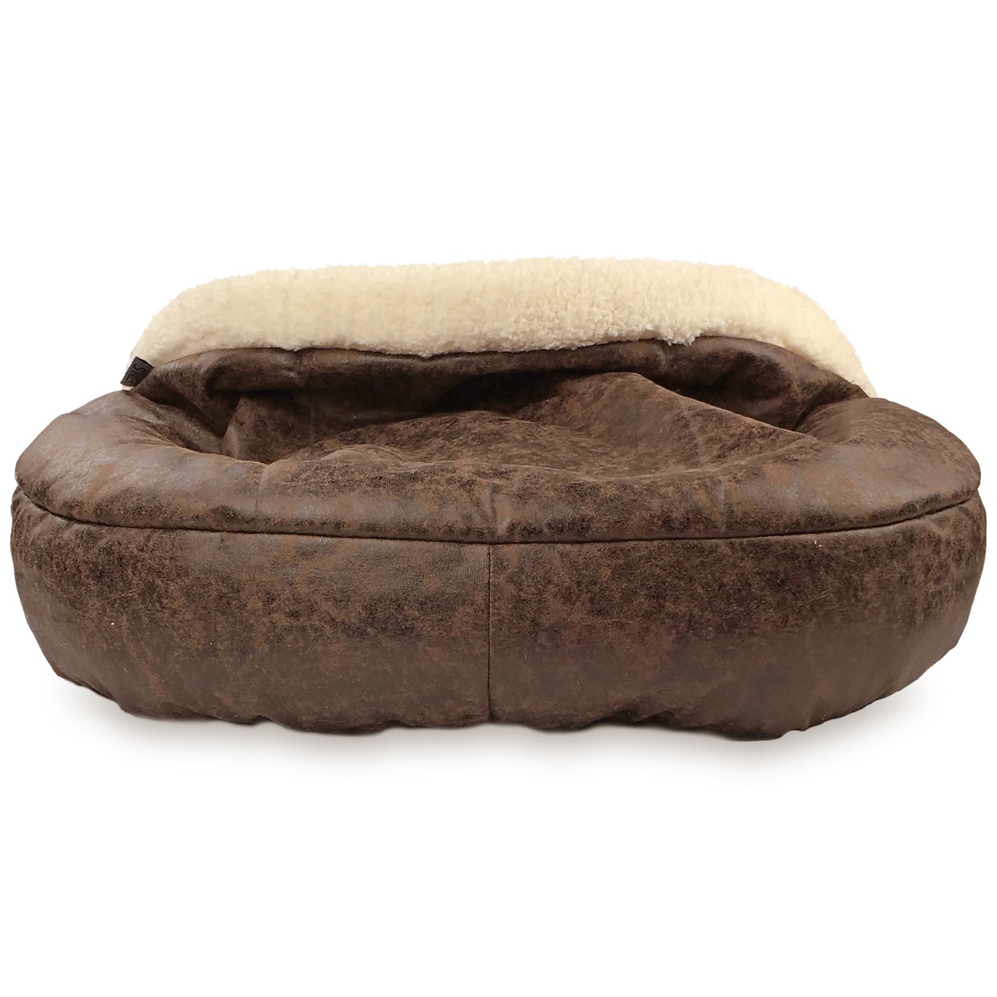 Details Pet Cave Bed for Small Dogs Cats, Calming Hooded Dog Bed Dome, Vegan Leather,  Deep Dish