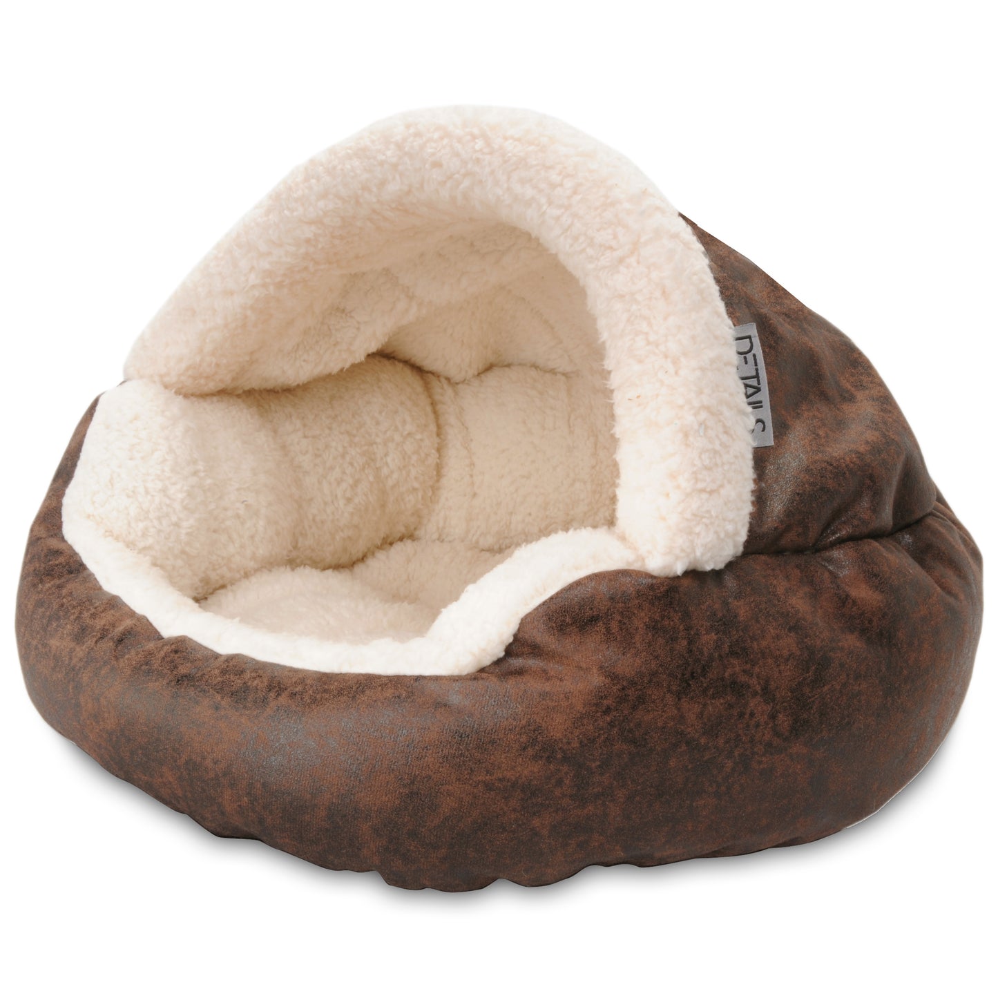 Details Pet Cave Bed for Small Dogs Cats, Calming Hooded Dog Bed Dome, Vegan Leather,  Deep Dish