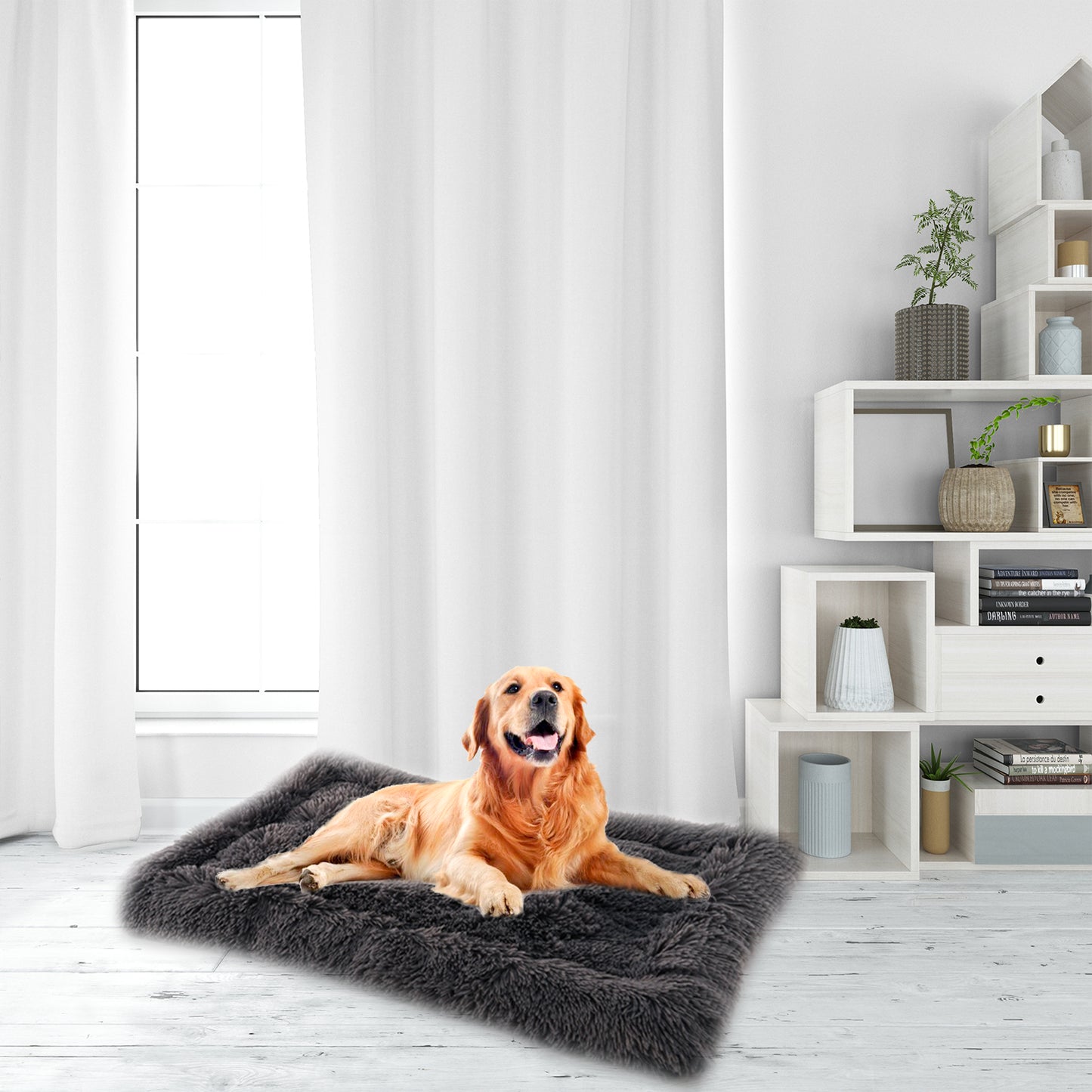 Details Pet Bed Mat, Plush Eyelash Faux Fur Calming Blanket Carpet Rug Mattress for  Cats and Dogs, Bordered Design