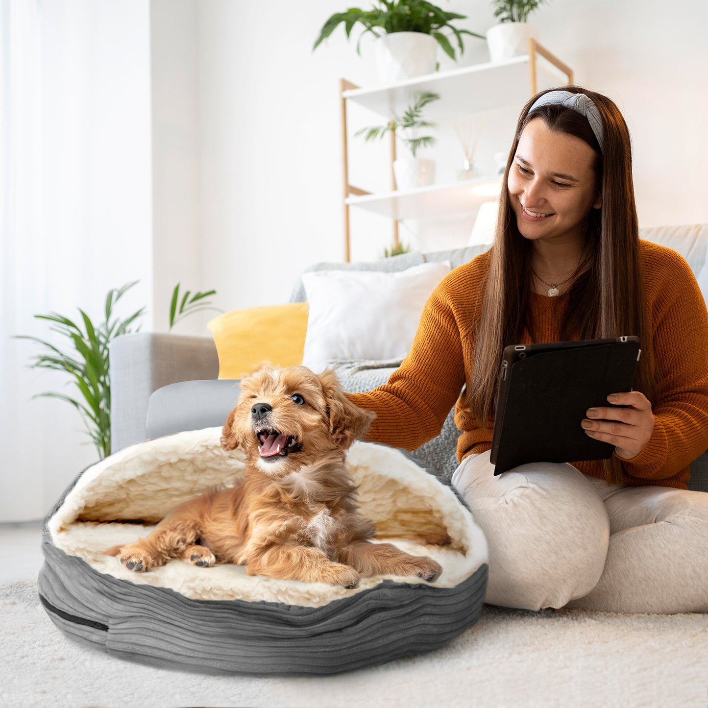 Details Cozy Pet Bed Cave, Hooded Dog Bed Dome for Small Medium Dogs, Washable, Corduroy and Sherpa Lined Pouched Beds