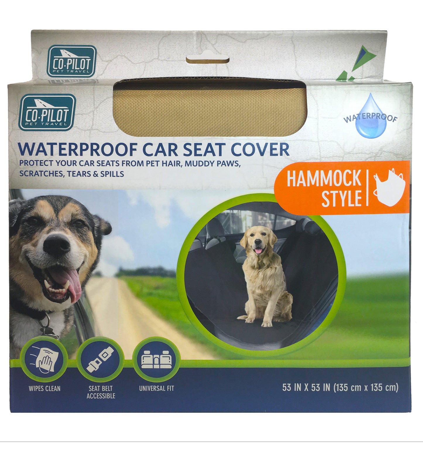 Co-Pilot Dog Car Seat Cover - Pet Hammock for Back Seat, 100% Waterproof, Durable