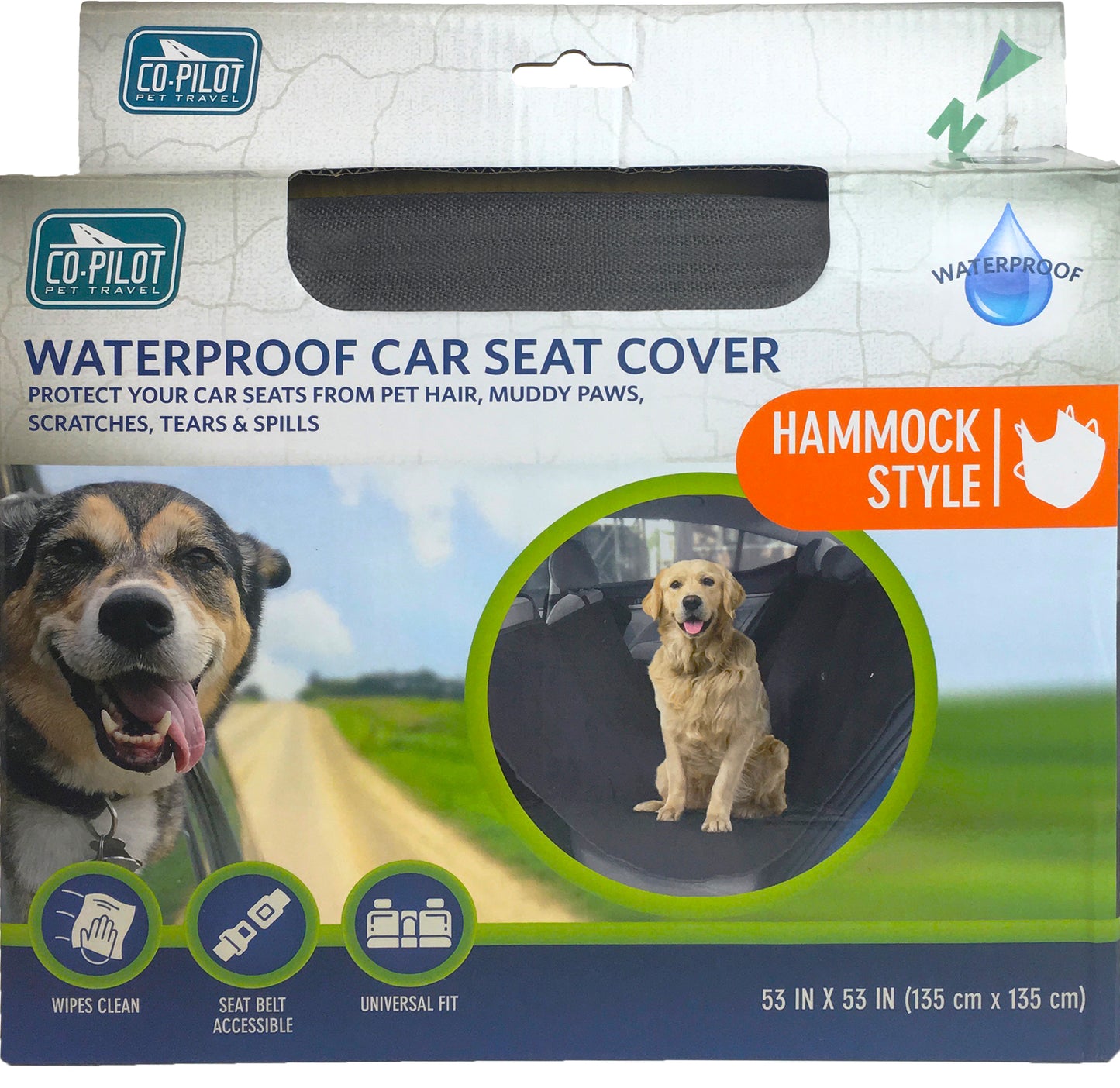 Co-Pilot Dog Car Seat Cover - Pet Hammock for Back Seat, 100% Waterproof, Durable