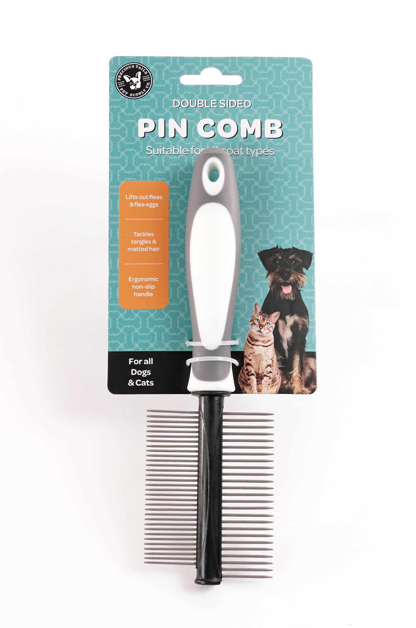 Precious Tails Dog Cat Pet Comb, Tick and Flea Comb, Detangling Pet Comb, Metal Comb for Removing Matted Fur Knots and Tangles, Double Sided Pin Metal Comb