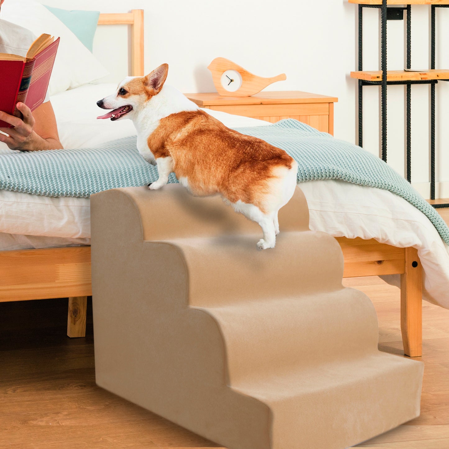 Home Base Pet Stairs, Dog Steps for Bed and Couch, Soft Ramp for Cats and Dogs, High Density Foam Scalloped 4-Step Design