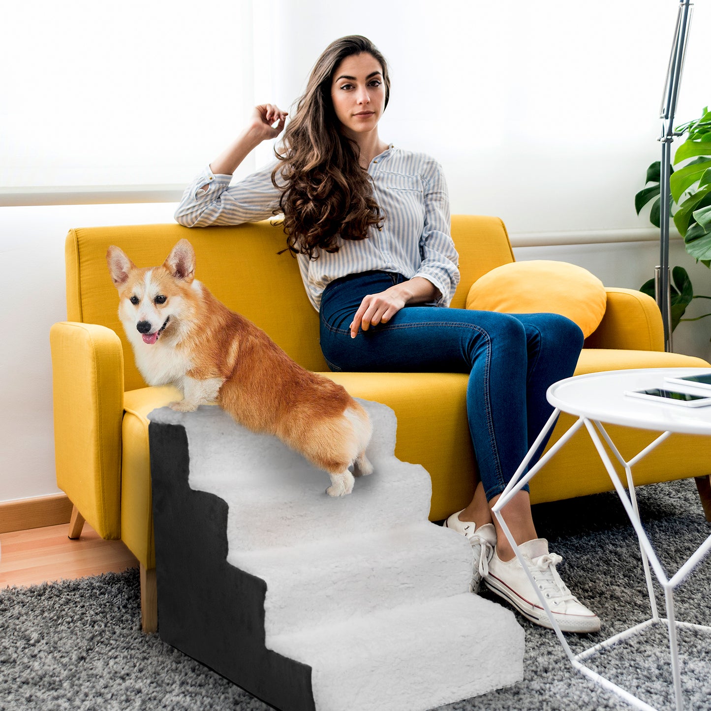 Home Base Dog Stairs 4-Step, Pet Steps for Couch and High Bed, Non Slip, High Density Sherpa Foam Pet Stairs