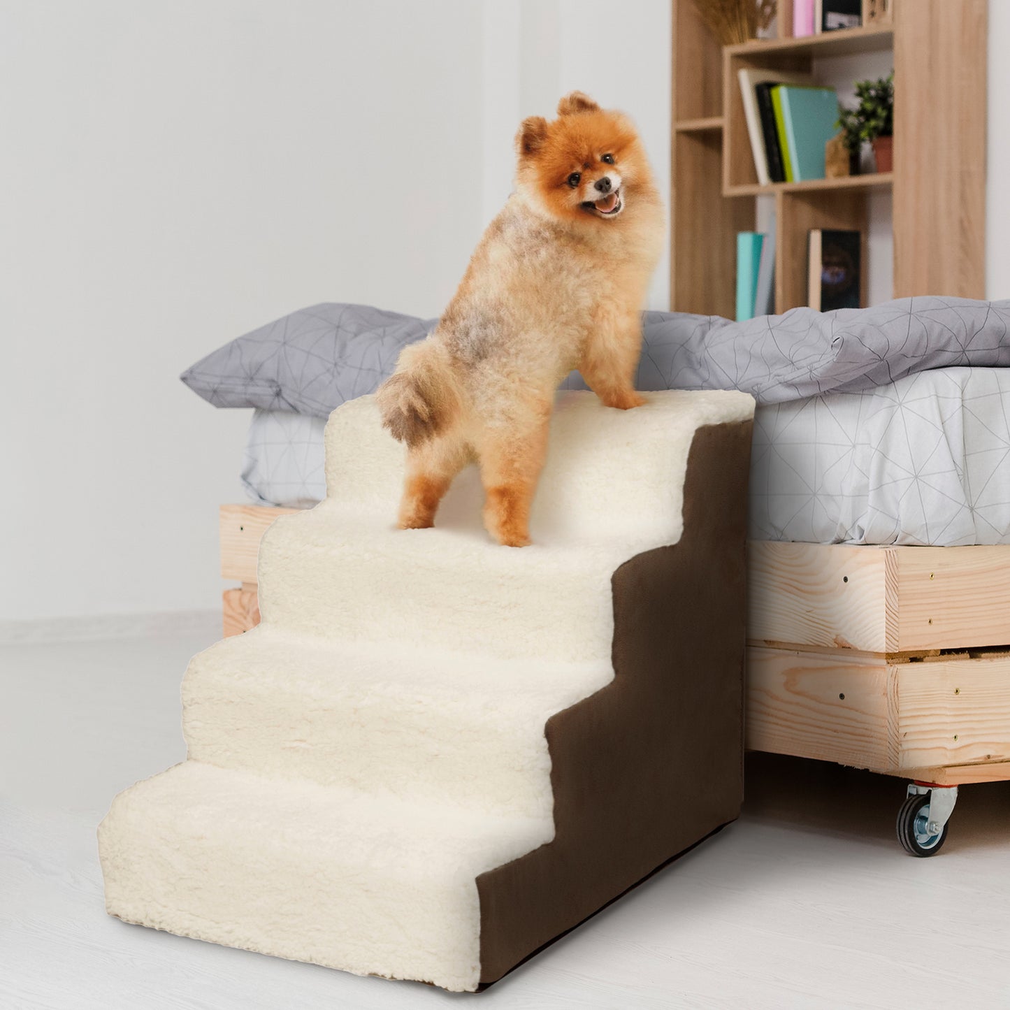 Home Base Dog Stairs 4-Step, Pet Steps for Couch and High Bed, Non Slip, High Density Sherpa Foam Pet Stairs