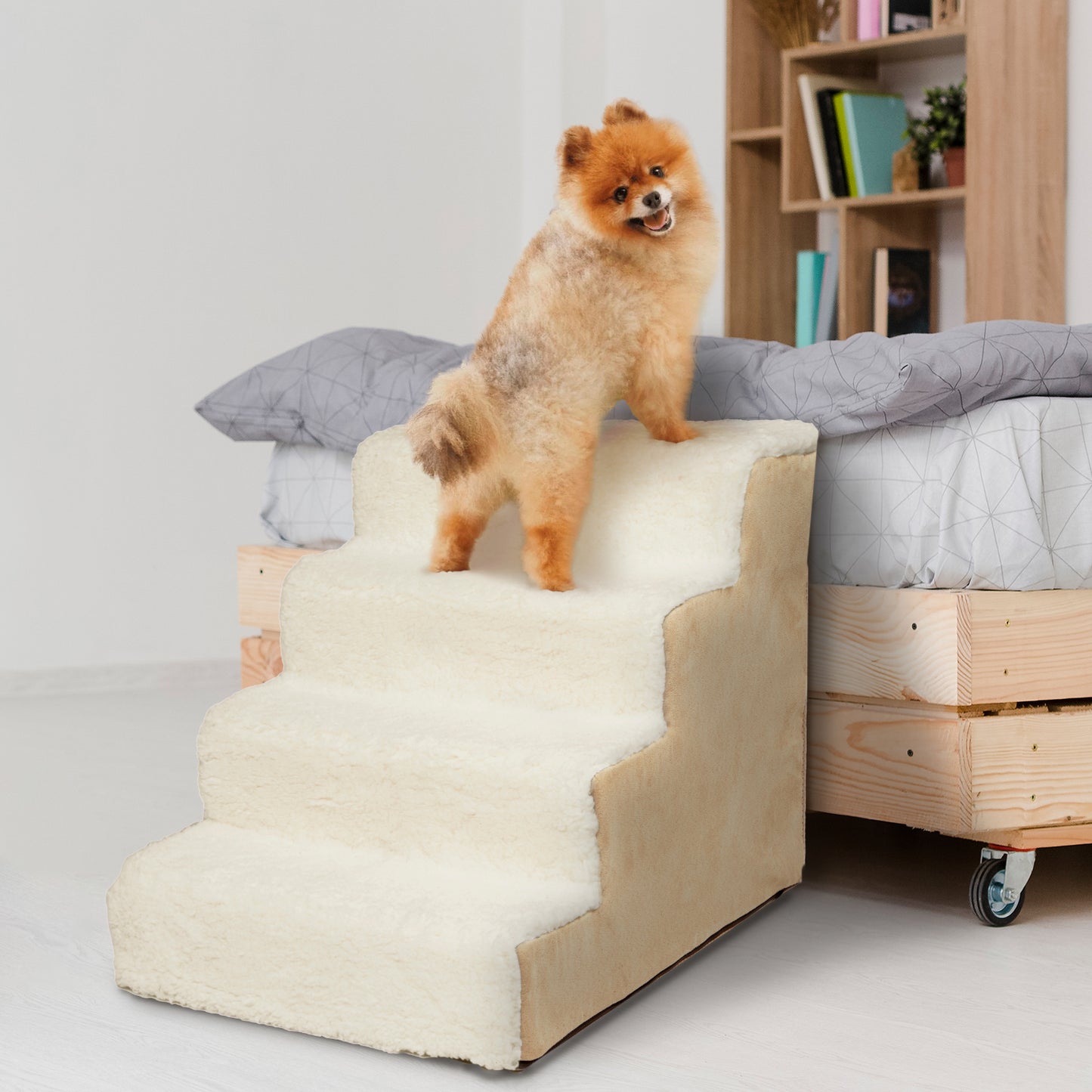 Home Base Dog Stairs 4-Step, Pet Steps for Couch and High Bed, Non Slip, High Density Sherpa Foam Pet Stairs