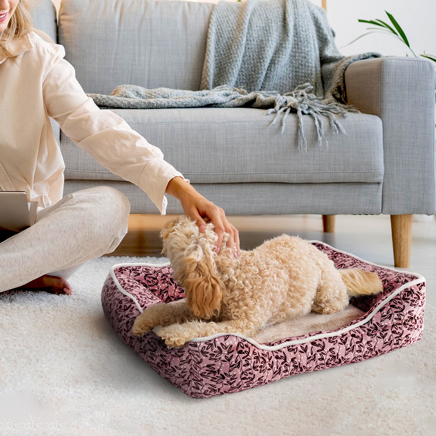 Elle Cuddler Dog Beds for Small Dogs - Washable Pet Bed for Cat and Dog, Printed Microsuede with Plush Center