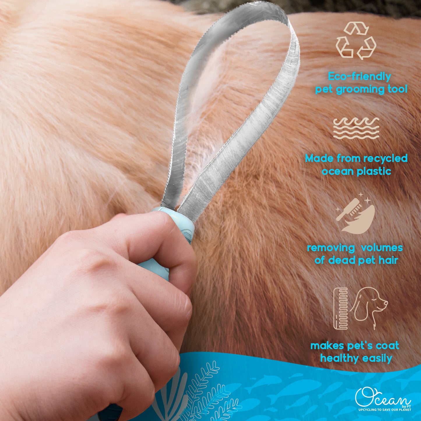 Ocean Plastic by PT Pet Deshedding Blade, Eco-Friendly Grooming Tool for Dogs and Cats