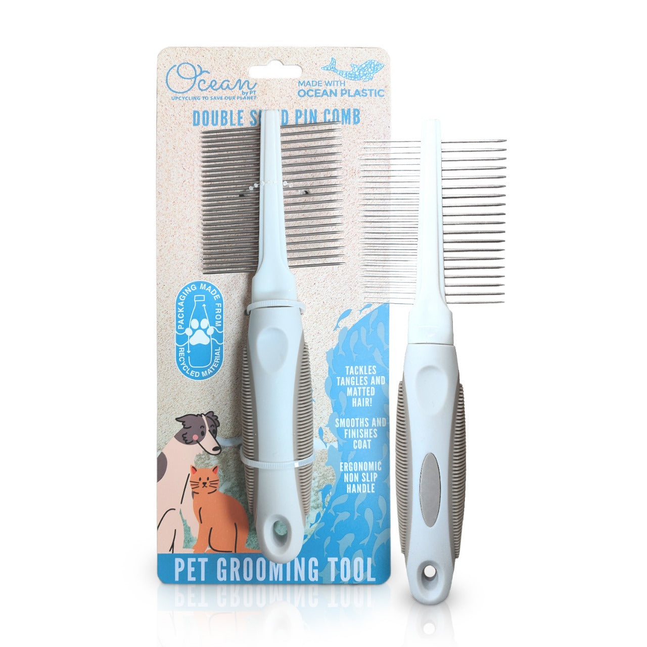 Ocean Plastic by PT Double-Sided Pin Comb for Pets, Eco-Friendly Grooming Tool for Dogs and Cats