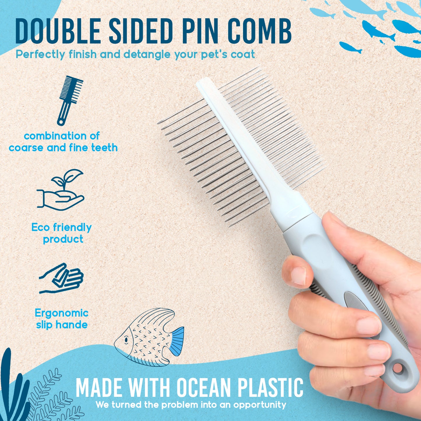 Ocean Plastic by PT Double-Sided Pin Comb for Pets, Eco-Friendly Grooming Tool for Dogs and Cats