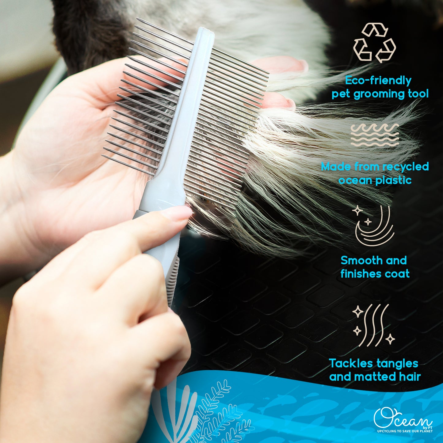 Ocean Plastic by PT Double-Sided Pin Comb for Pets, Eco-Friendly Grooming Tool for Dogs and Cats