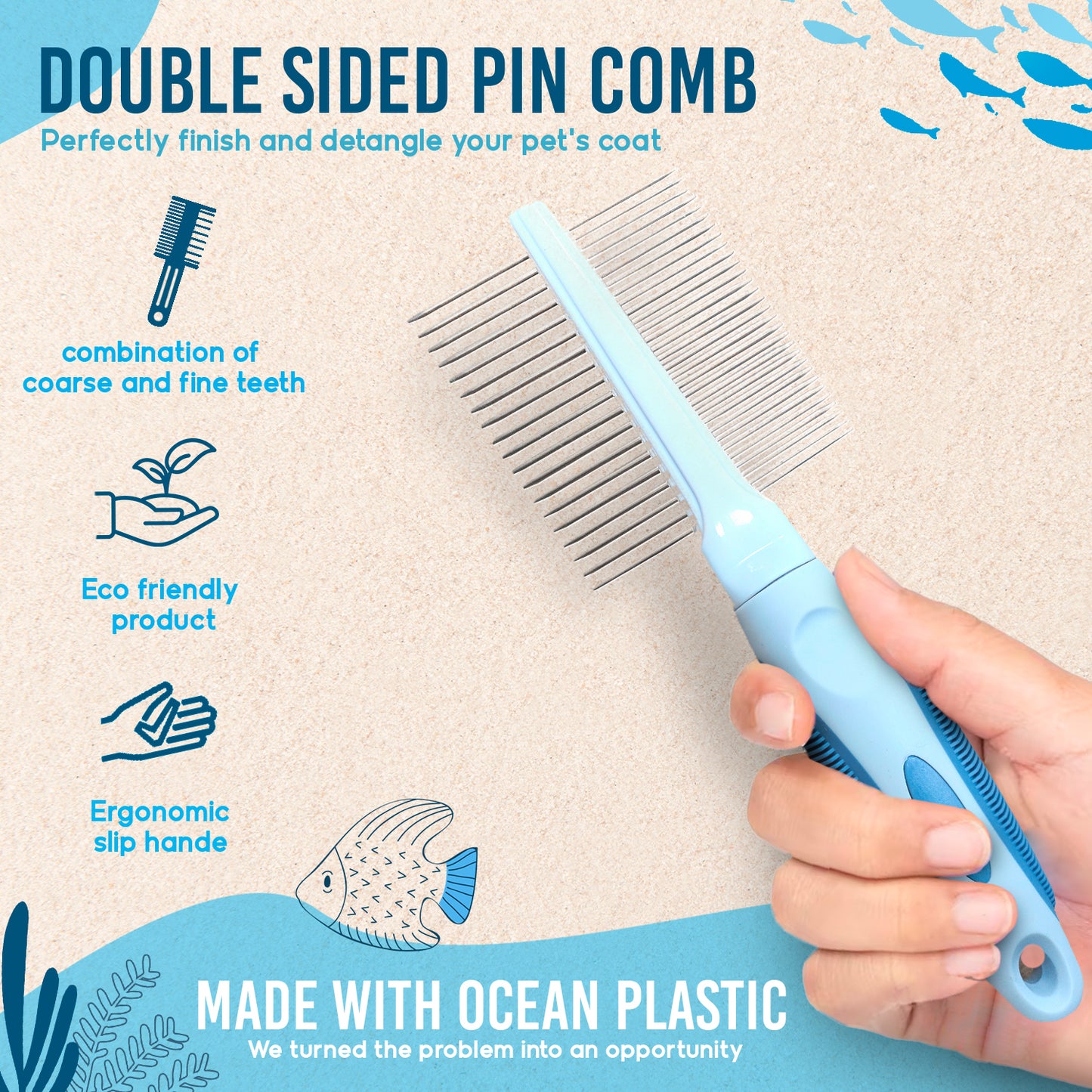 Ocean Plastic by PT Double-Sided Pin Comb for Pets, Eco-Friendly Grooming Tool for Dogs and Cats