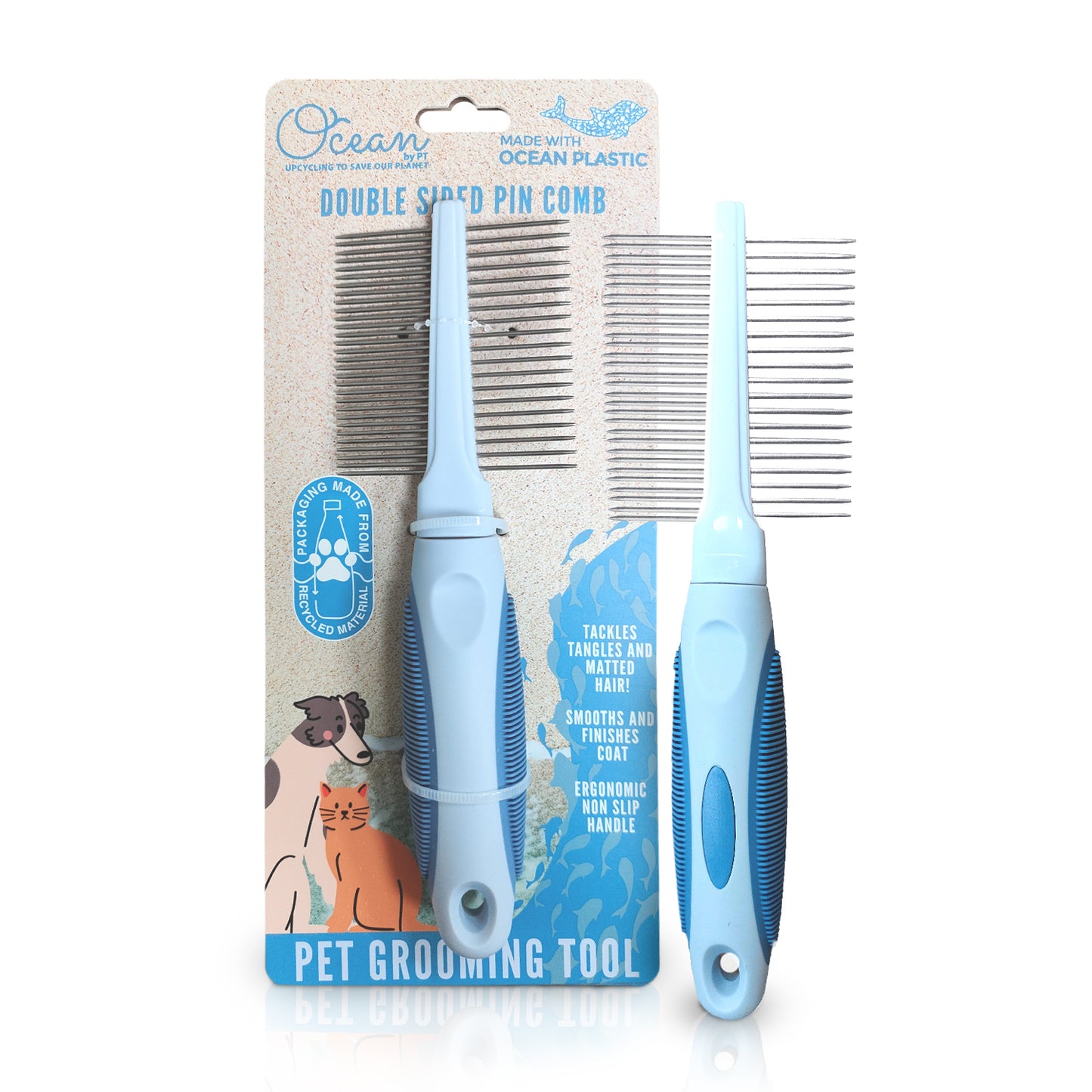 Ocean Plastic by PT Double-Sided Pin Comb for Pets, Eco-Friendly Grooming Tool for Dogs and Cats