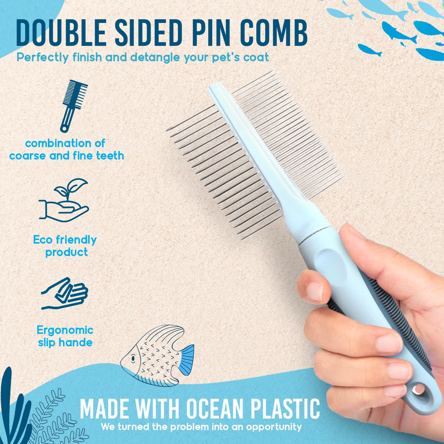 Ocean Plastic by PT Double-Sided Pin Comb for Pets, Eco-Friendly Grooming Tool for Dogs and Cats