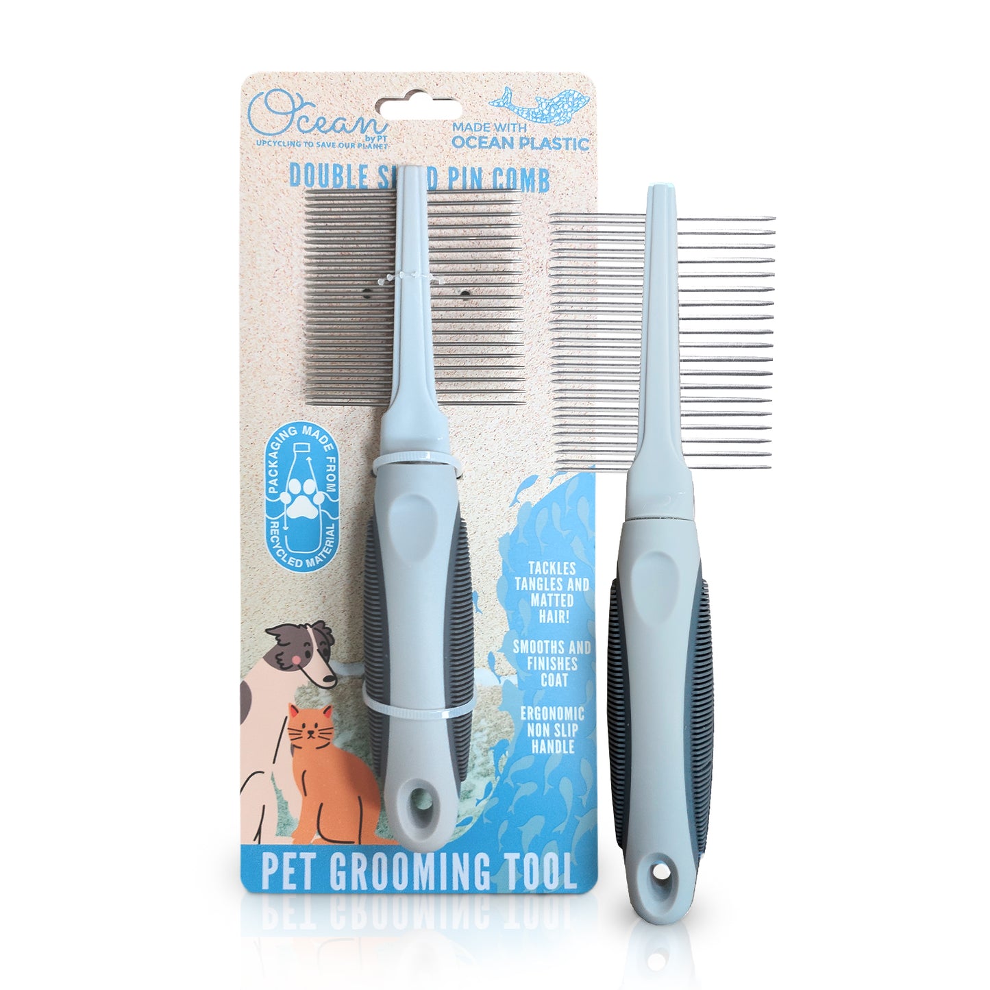 Ocean Plastic by PT Double-Sided Pin Comb for Pets, Eco-Friendly Grooming Tool for Dogs and Cats