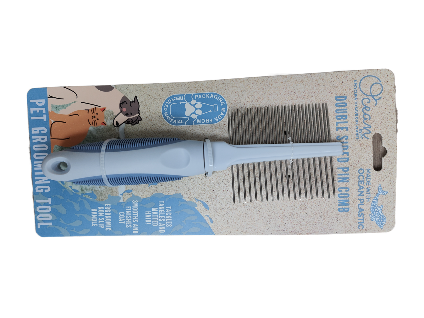 Ocean Plastic by PT Double-Sided Pin Comb for Pets, Eco-Friendly Grooming Tool for Dogs and Cats